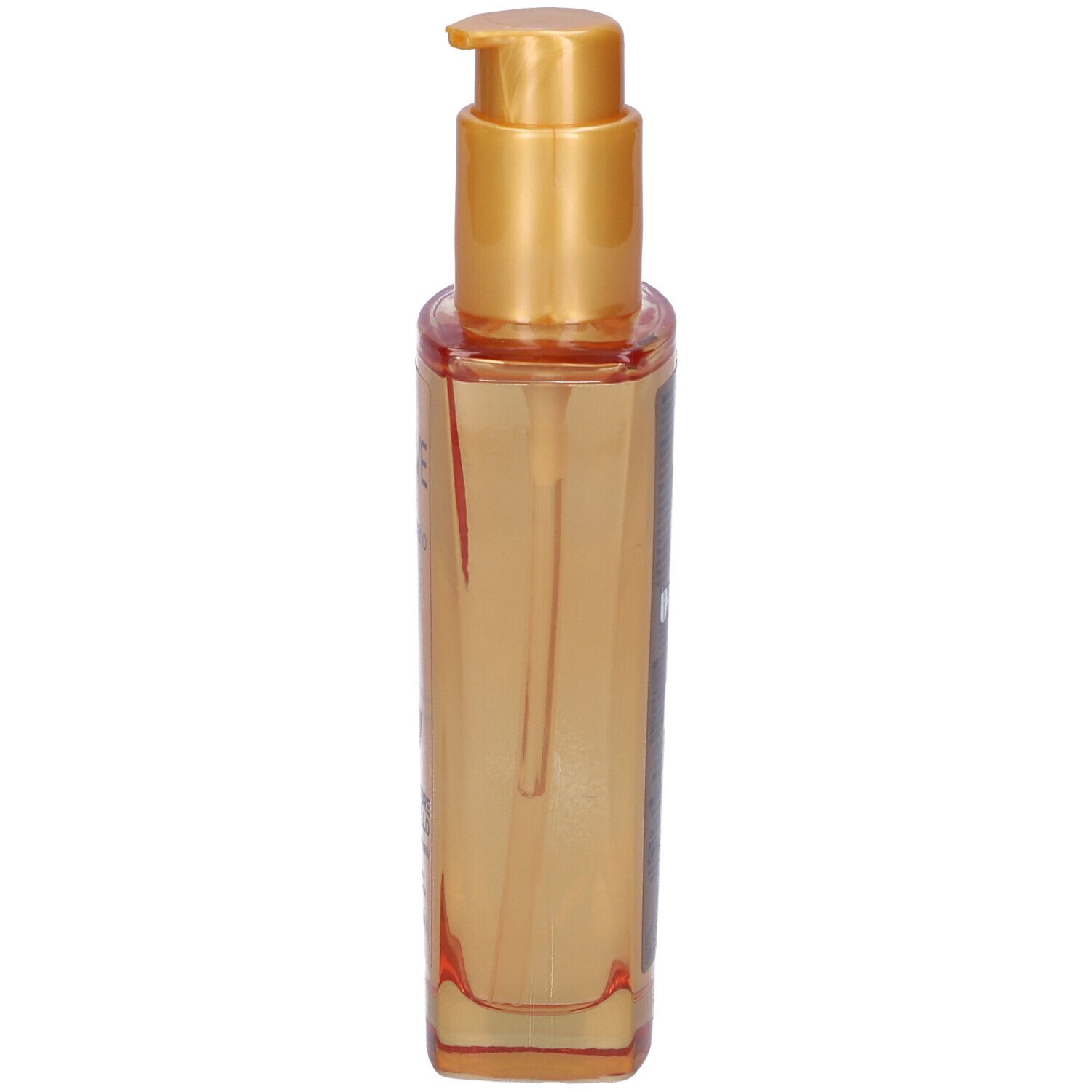 Flacone rettangolare di olio per capelli con erogatore dorato. Olio trasparente. Etichette laterali.