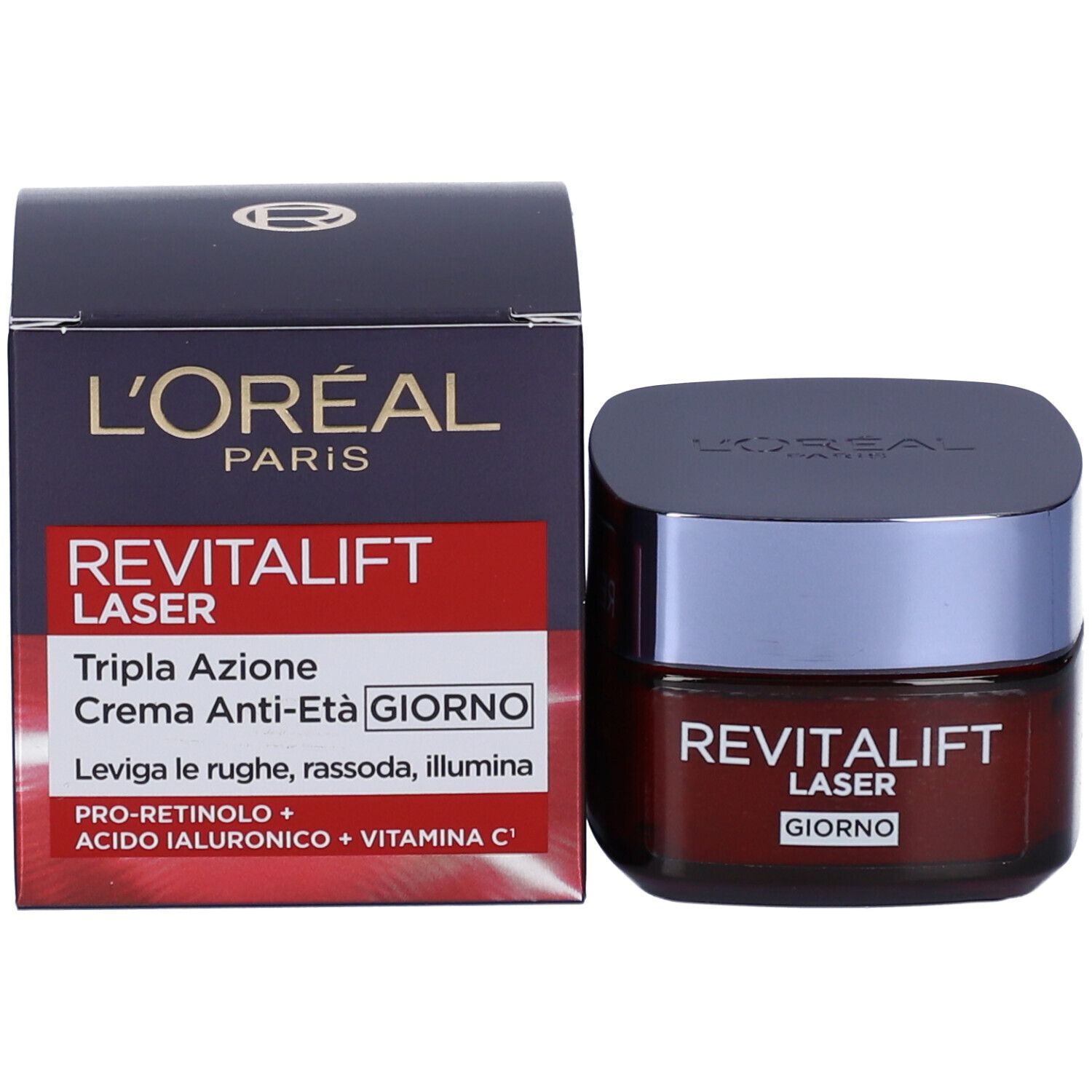 Scatola e vasetto. Scatola: L'Oréal Paris, REVITALIFT LASER, Tripla Azione, Crema Anti-Età GIORNO. Vasetto: REVITALIFT LASER GIORNO.