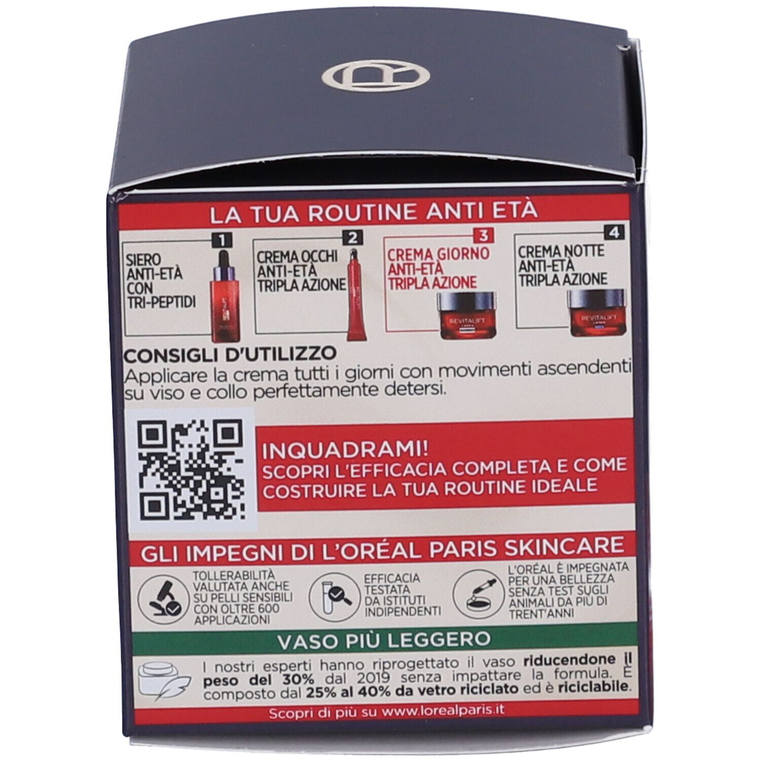 Retro della scatola. Istruzioni per l'uso, codice QR e informazioni sugli ingredienti e il riciclo.