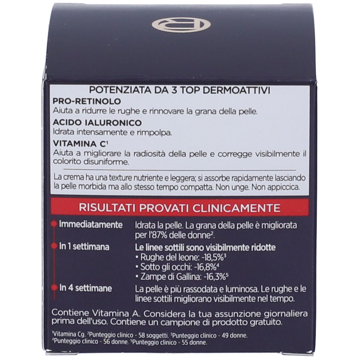 Retro della scatola. Informazioni sugli ingredienti, risultati clinici e benefici del prodotto.