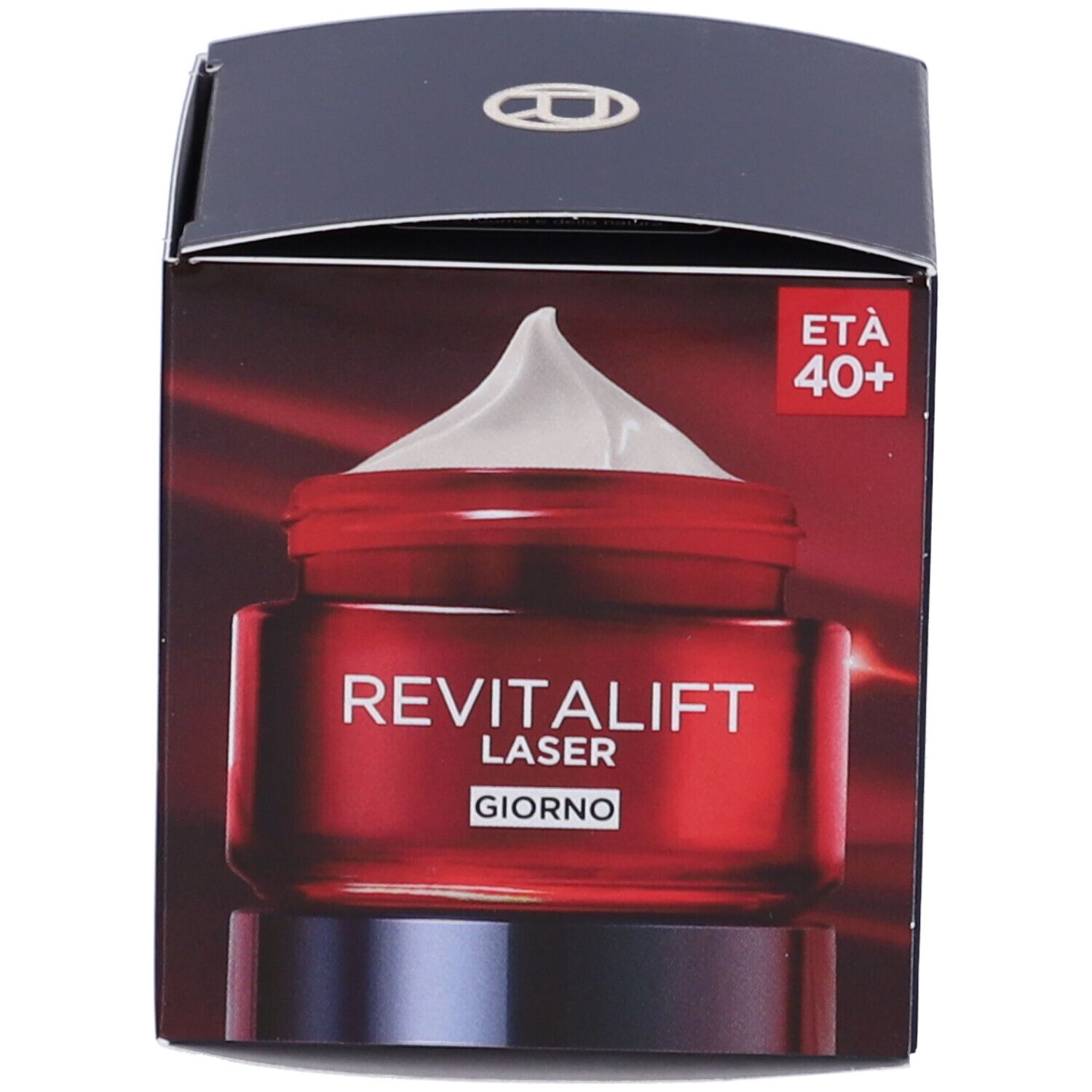 Scatola con vasetto di crema. Scritta: REVITALIFT LASER GIORNO. Età consigliata: 40+.