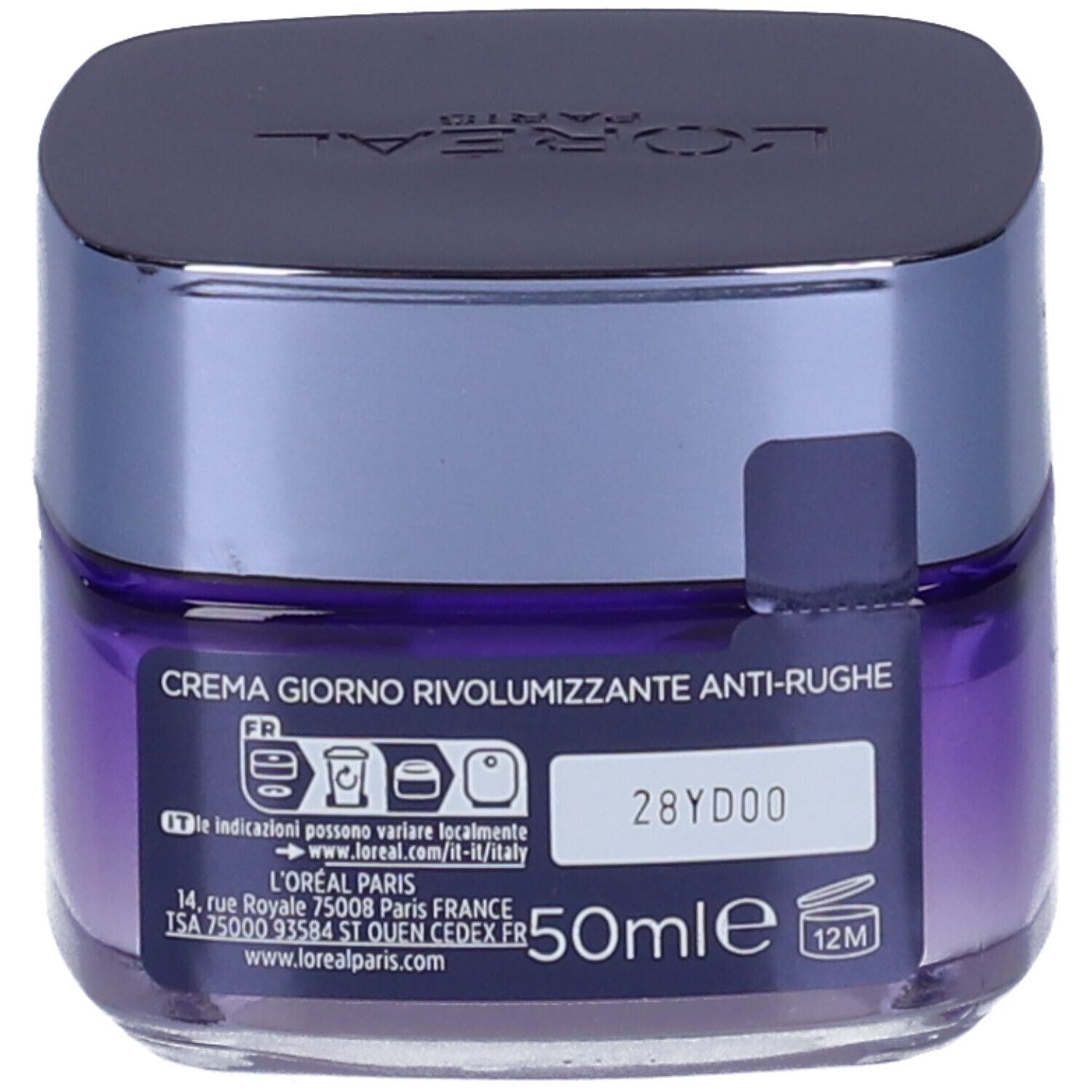 Retro del vasetto di crema. Scritta Crema Giorno, 50 ml. Informazioni e loghi. Marchio L'Oréal Paris.