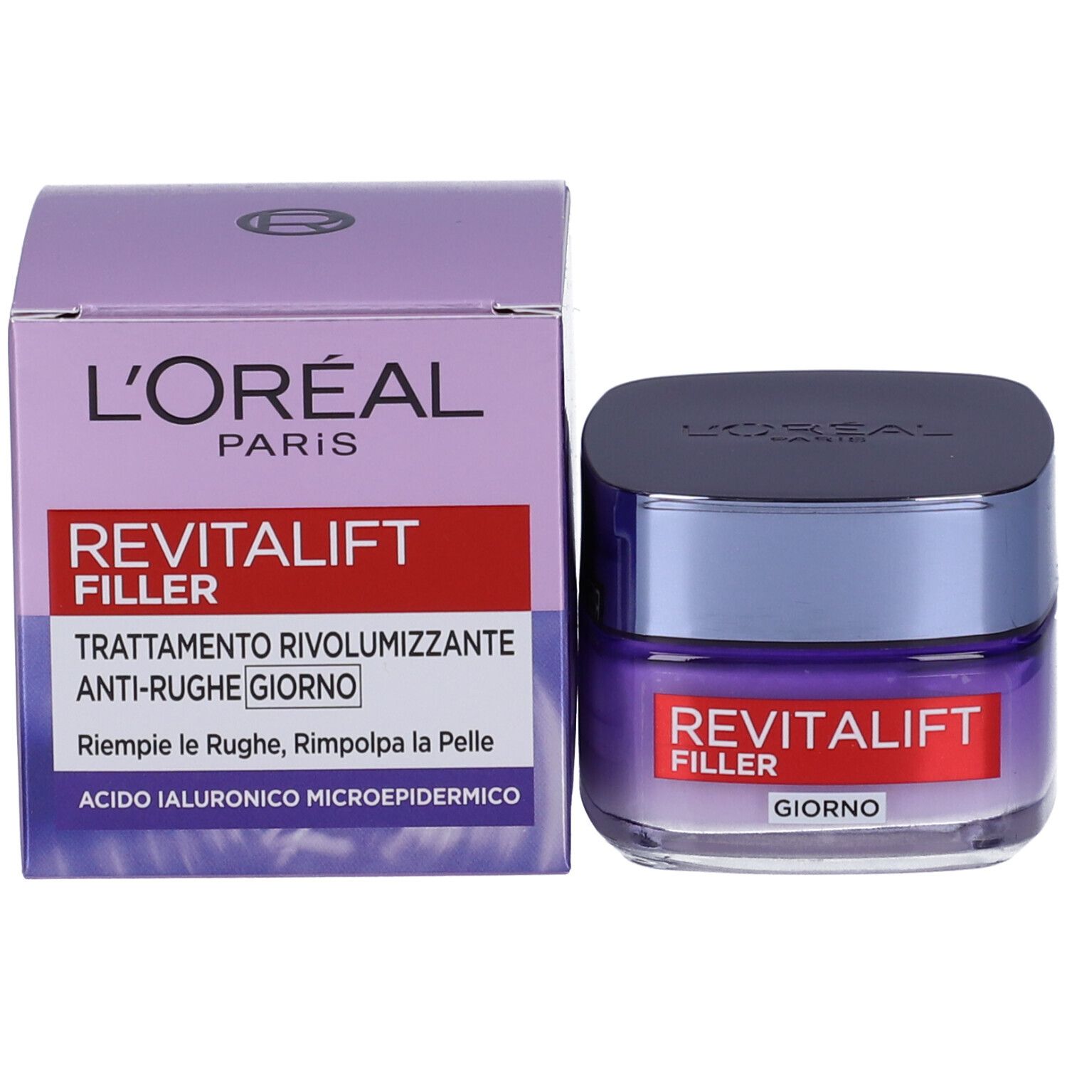 Vasetto di crema e scatola. Scritta Revitalift Filler, Giorno. Marchio L'Oréal Paris. Viola e bianco.