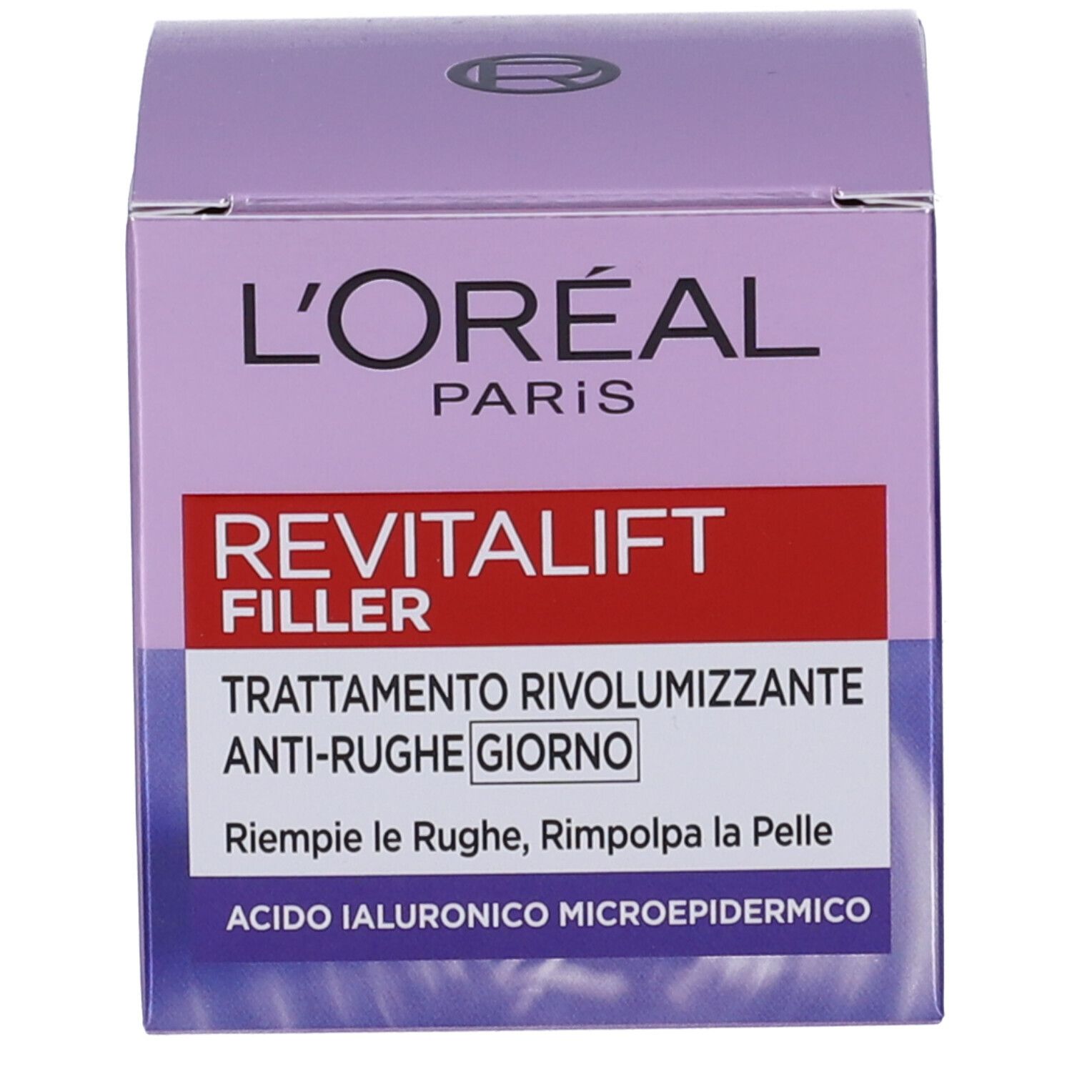 Scatola con scritta Revitalift Filler, Giorno. Marchio L'Oréal Paris. Viola e bianco.