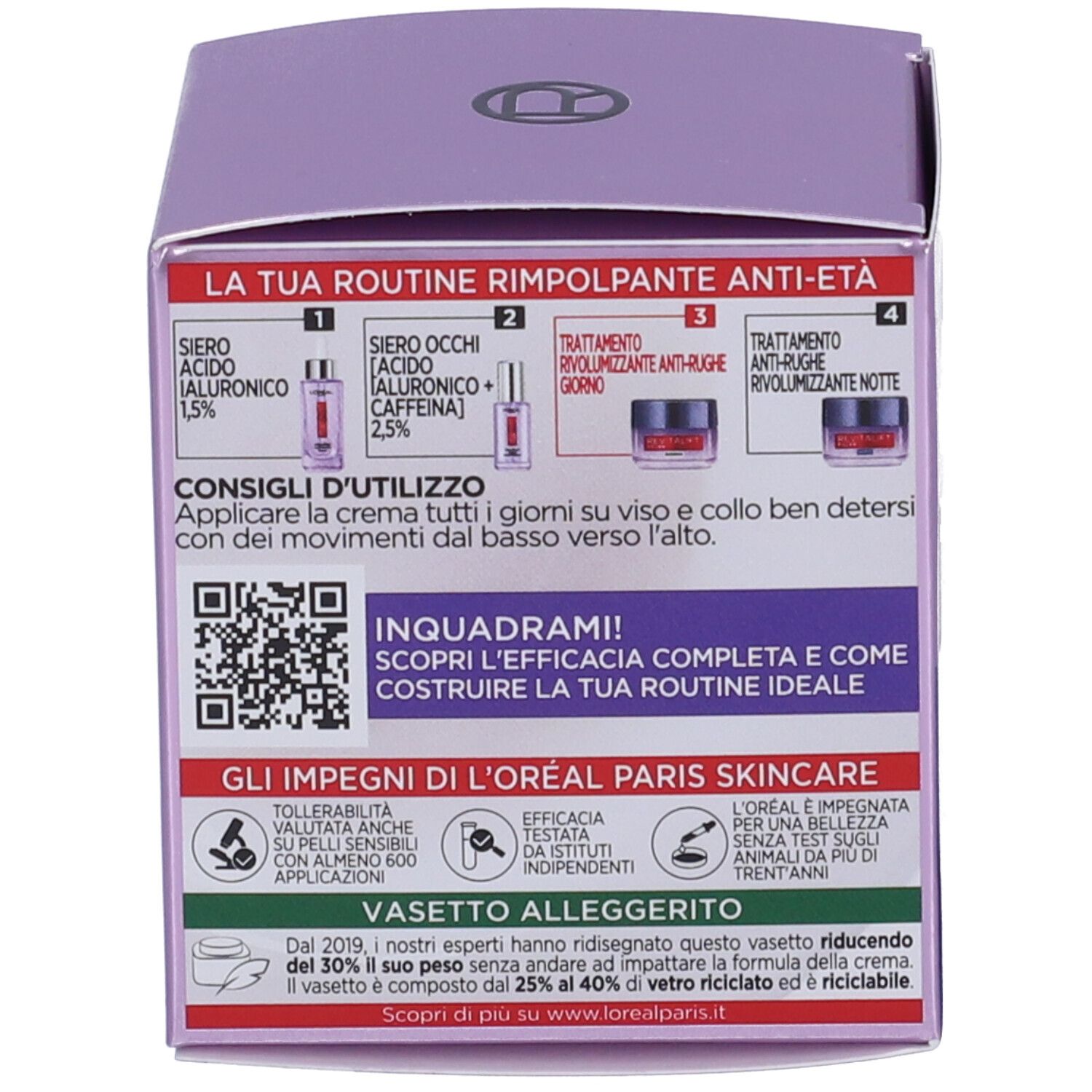 Retro della scatola. Informazioni sugli ingredienti e l'uso. Marchio L'Oréal Paris. Codice QR.