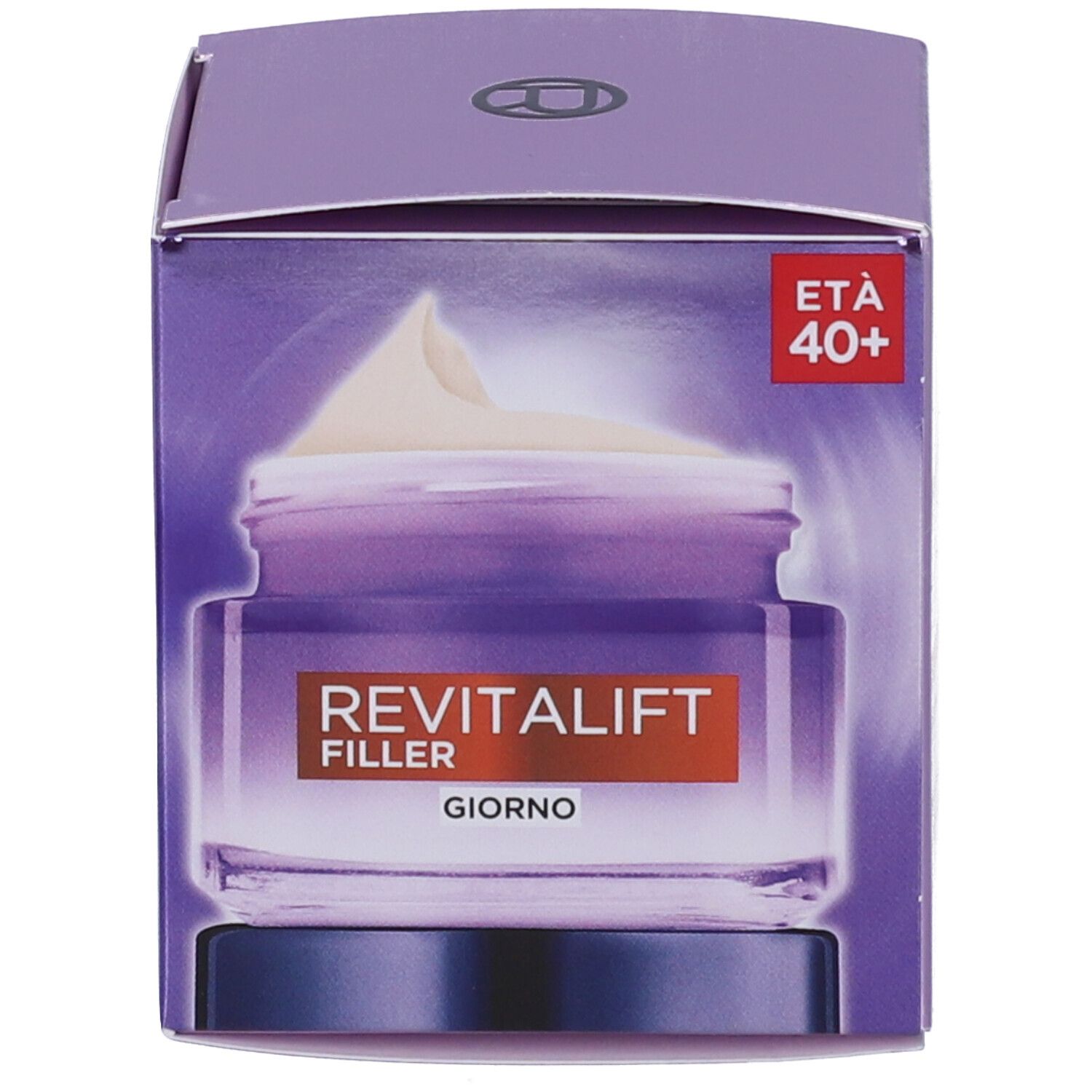 Scatola con vasetto di crema. Scritta Revitalift Filler, Giorno. Marchio L'Oréal Paris. Età consigliata 40+.