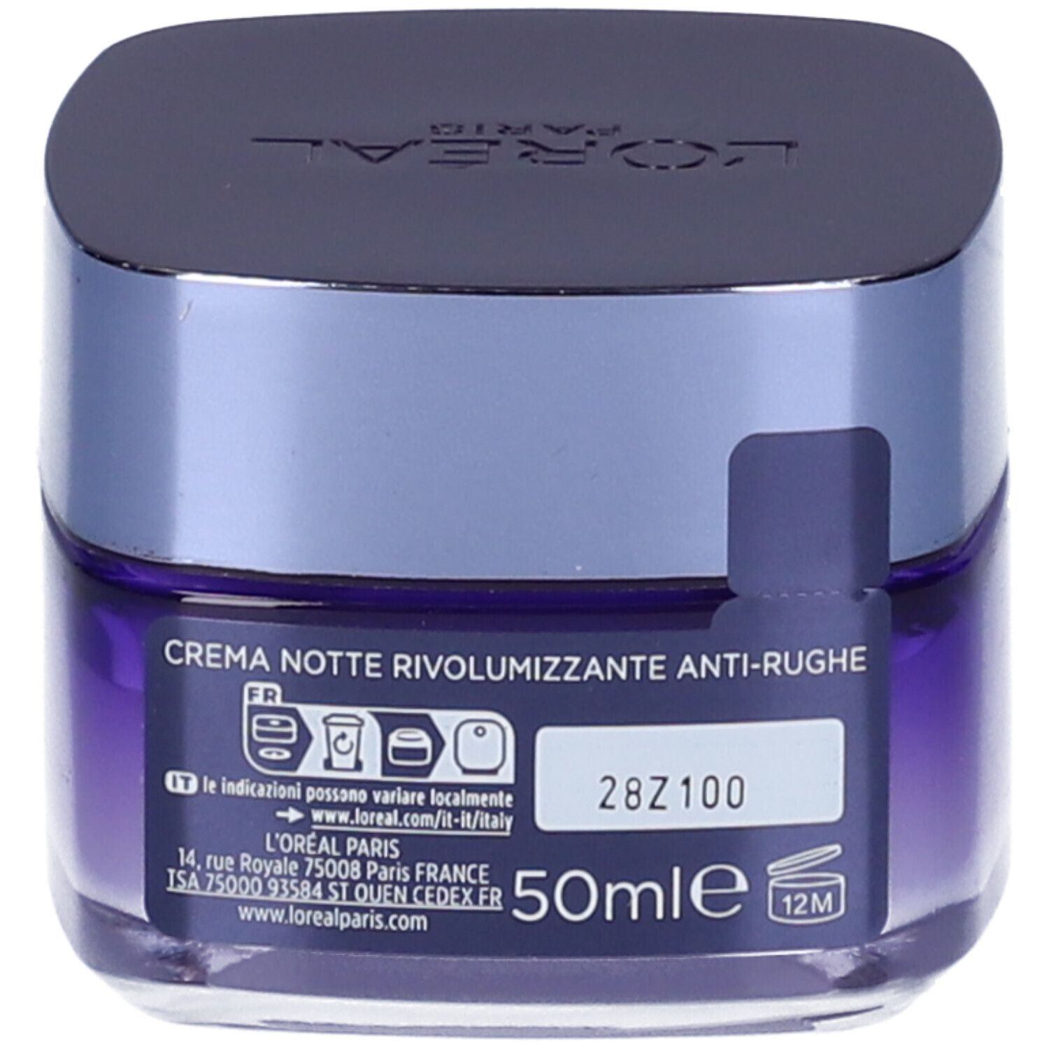 Retro della crema notte L'Oréal Paris Revitalift Filler. Informazioni e indicazione 50ml. Simbolo 12M.