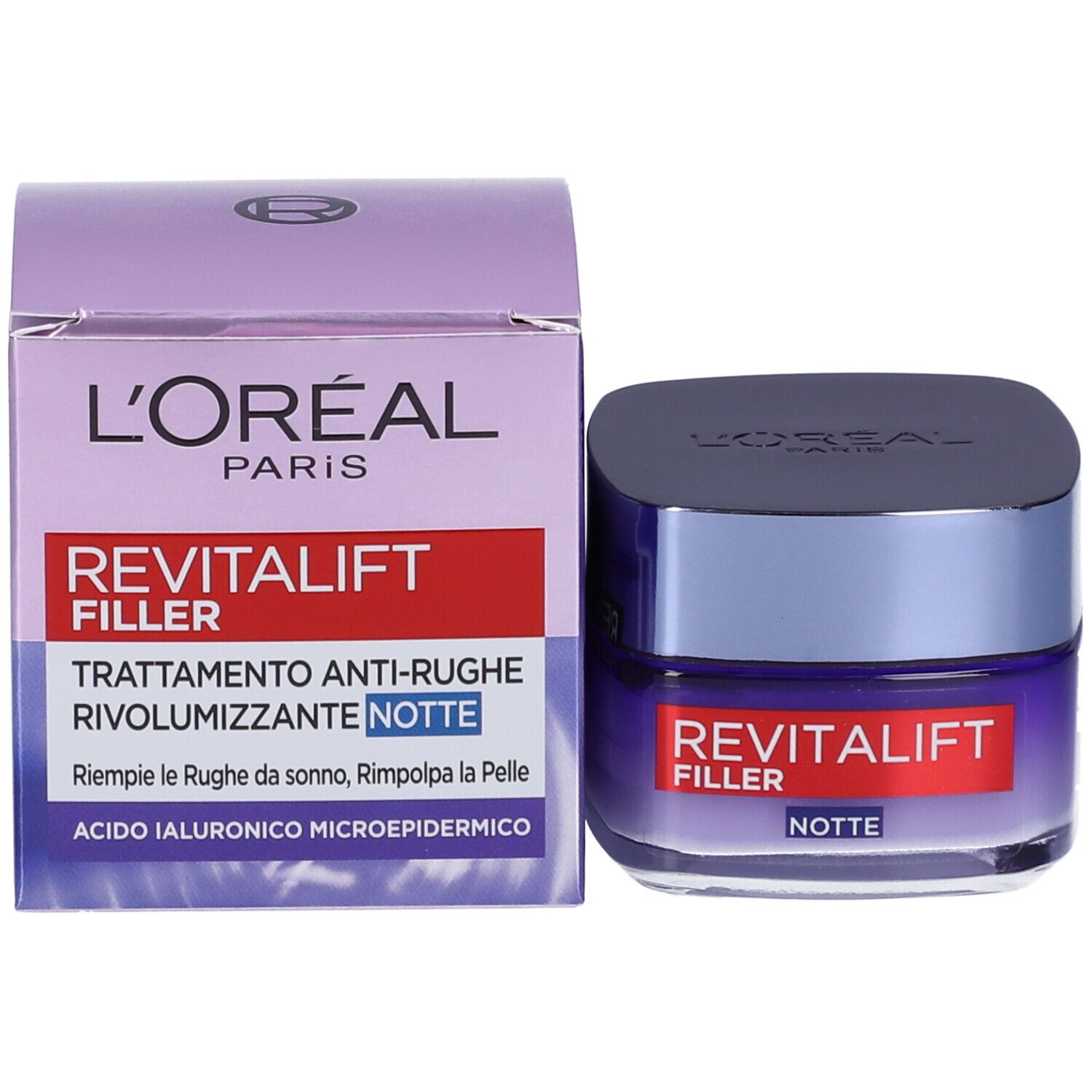 Crema notte L'Oréal Paris Revitalift Filler e confezione. Crema in vasetto e scatola. Testo rosso e bianco.