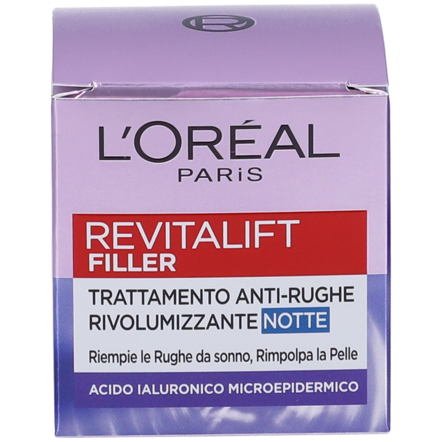 Confezione della crema notte L'Oréal Paris Revitalift Filler. Scatola viola con nome e informazioni del prodotto.