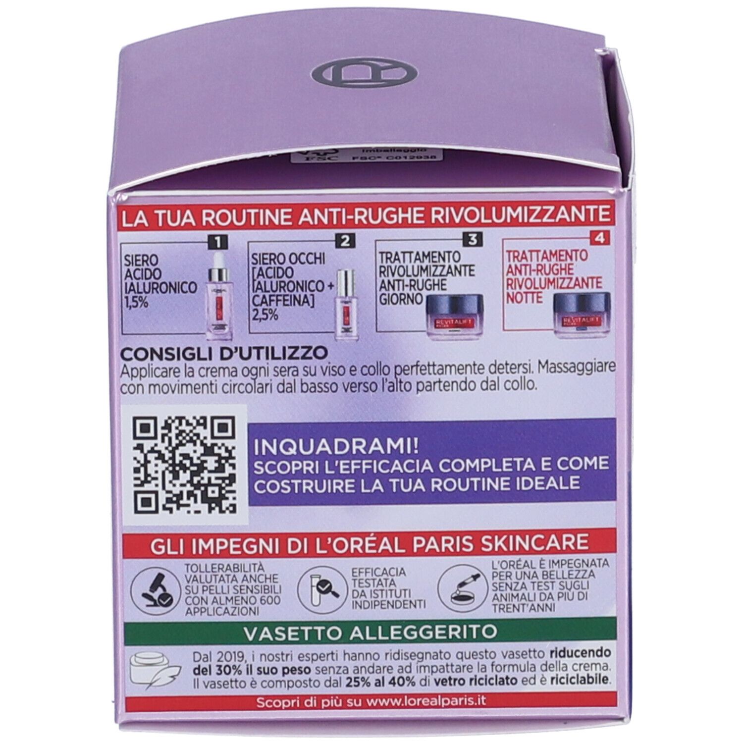 Retro della confezione della crema notte L'Oréal Paris Revitalift Filler. Istruzioni per l'uso e codice QR.
