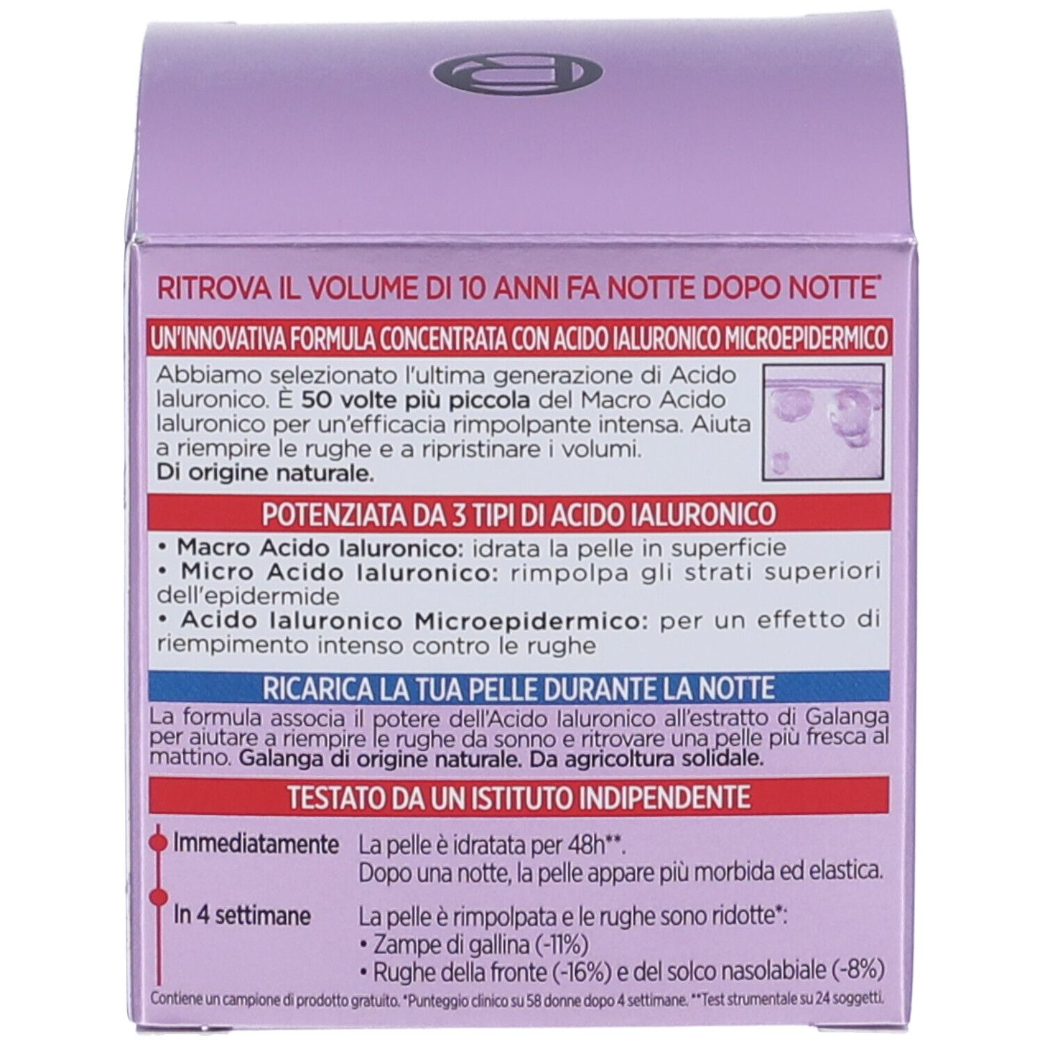 Vista dettagliata della confezione della crema notte L'Oréal Paris Revitalift Filler. Informazioni e ingredienti del prodotto.