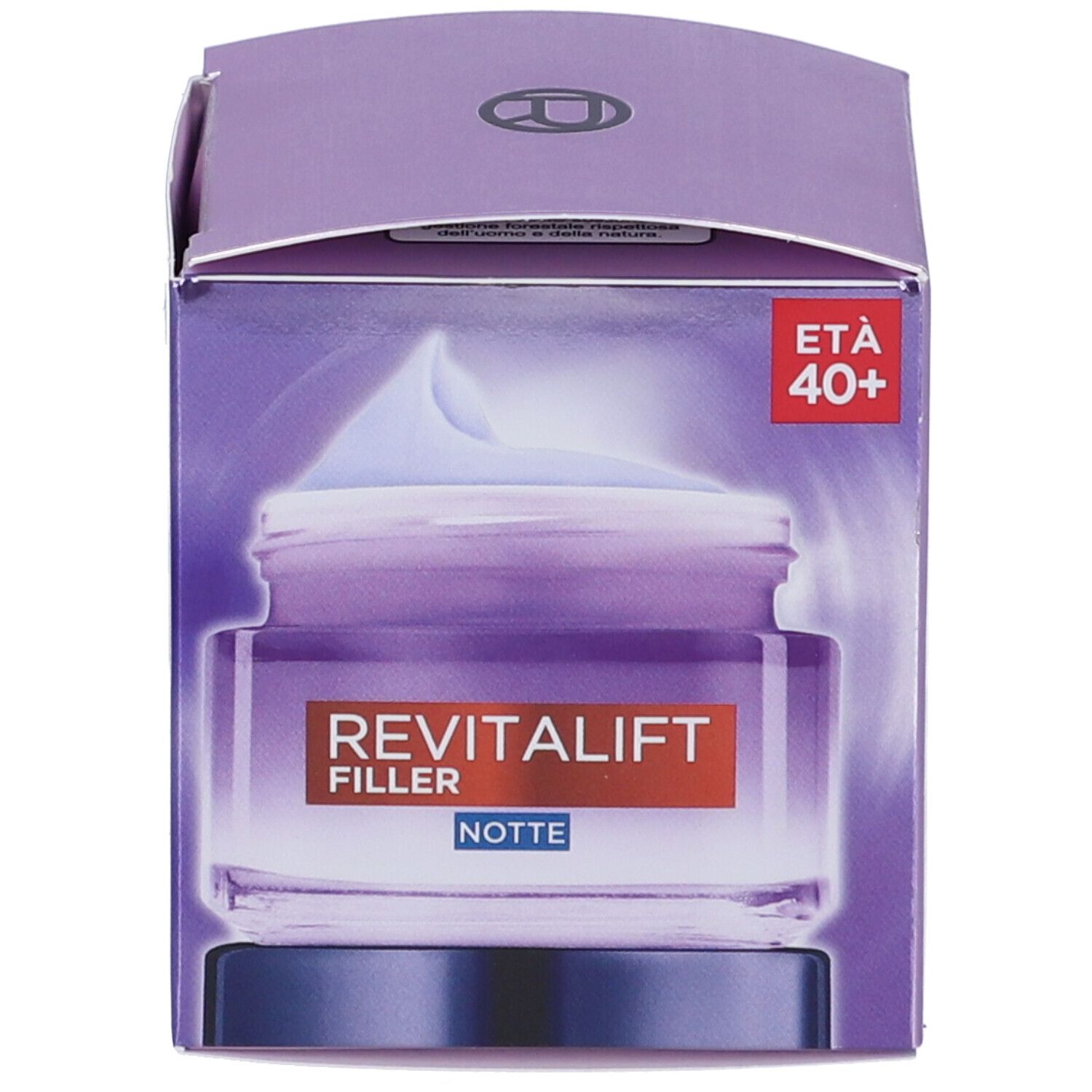 Crema notte L'Oréal Paris Revitalift Filler e confezione. Prodotto in vasetto e scatola. Età consigliata 40+.