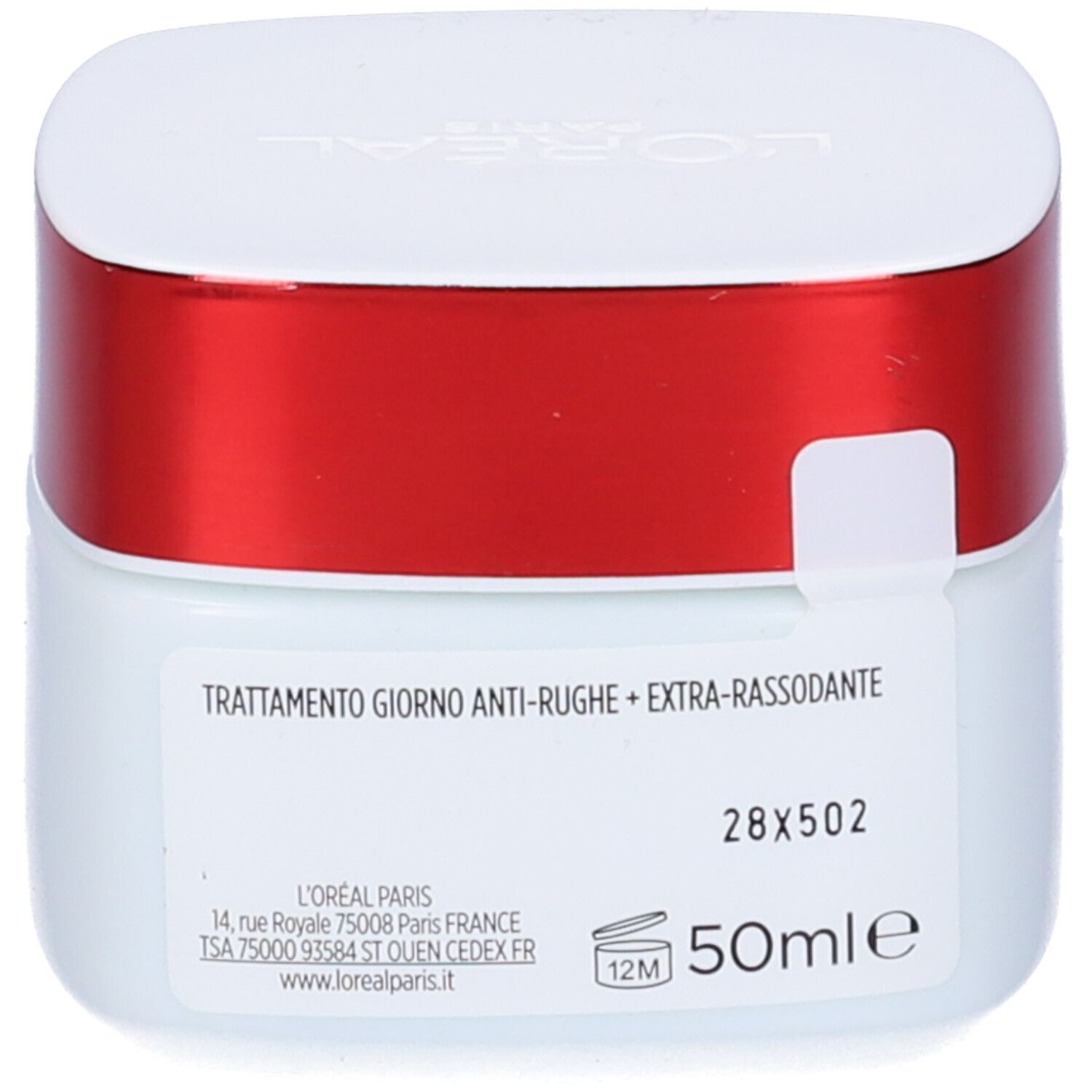 Vasetto bianco con coperchio rosso. Scritta: REVITALIFT GIORNO. Testo: Trattamento giorno anti-rughe + extra-rassodante. 50ml.