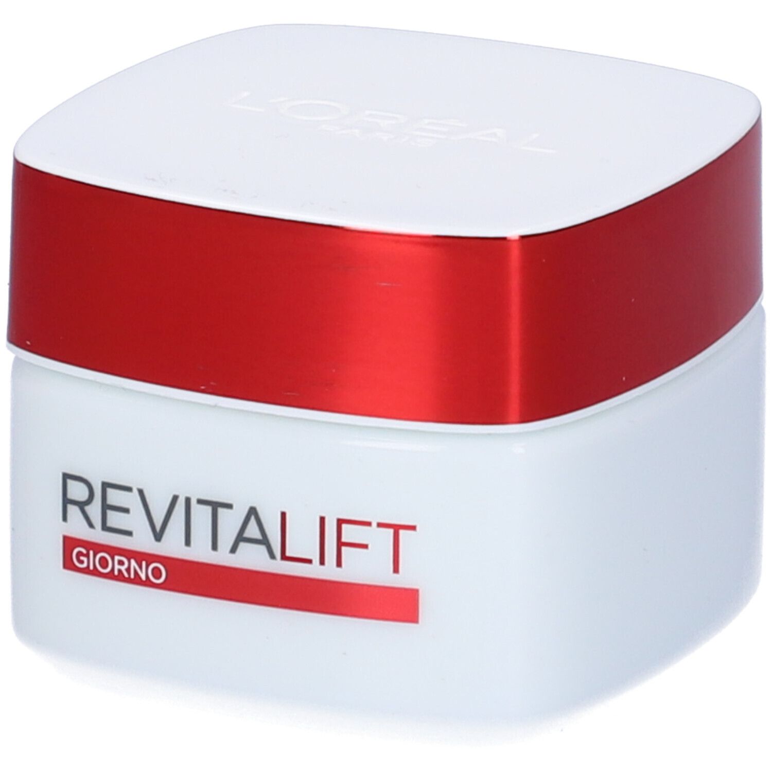 Vasetto bianco con coperchio rosso. Scritta: REVITALIFT GIORNO. Marchio: L'Oréal Paris.
