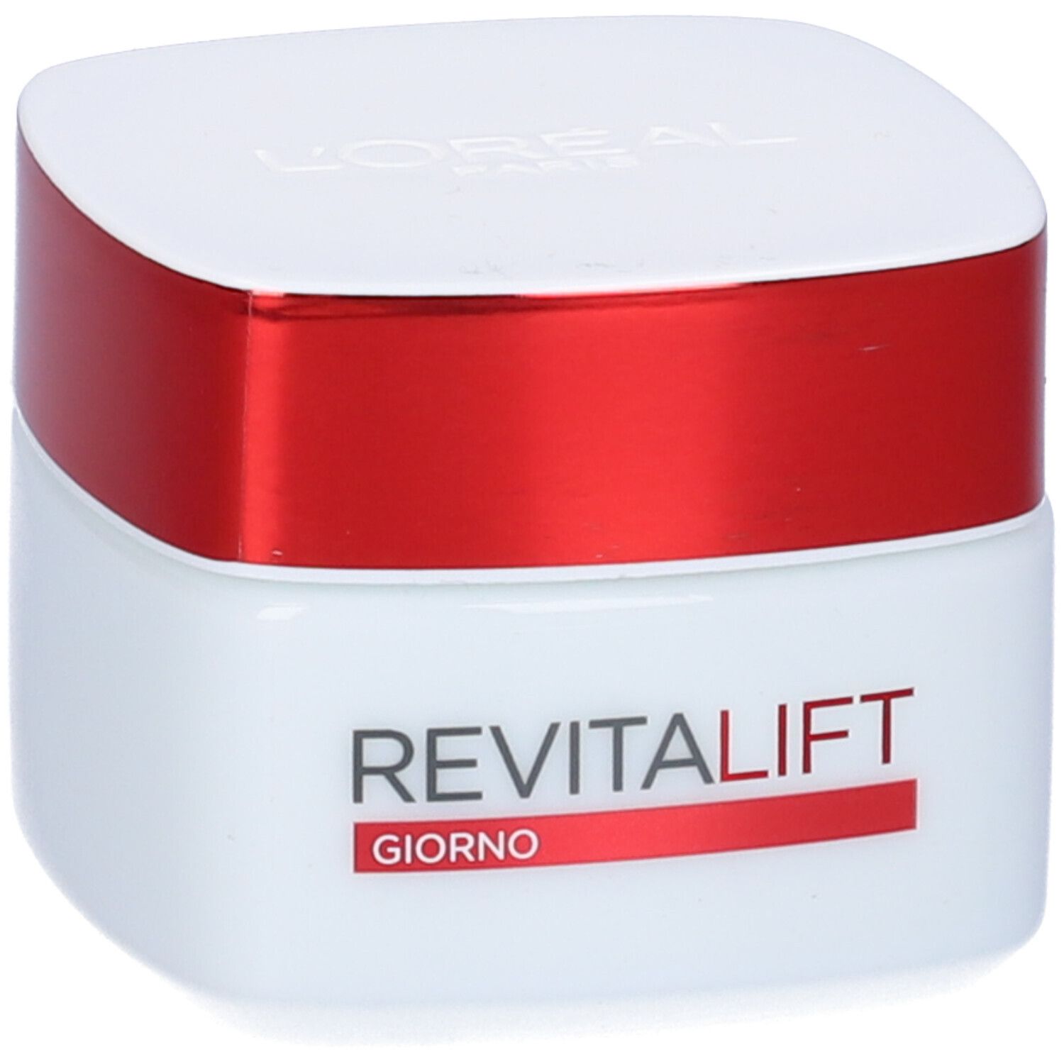 Vasetto bianco con coperchio rosso. Scritta: REVITALIFT GIORNO. Marchio: L'Oréal Paris.