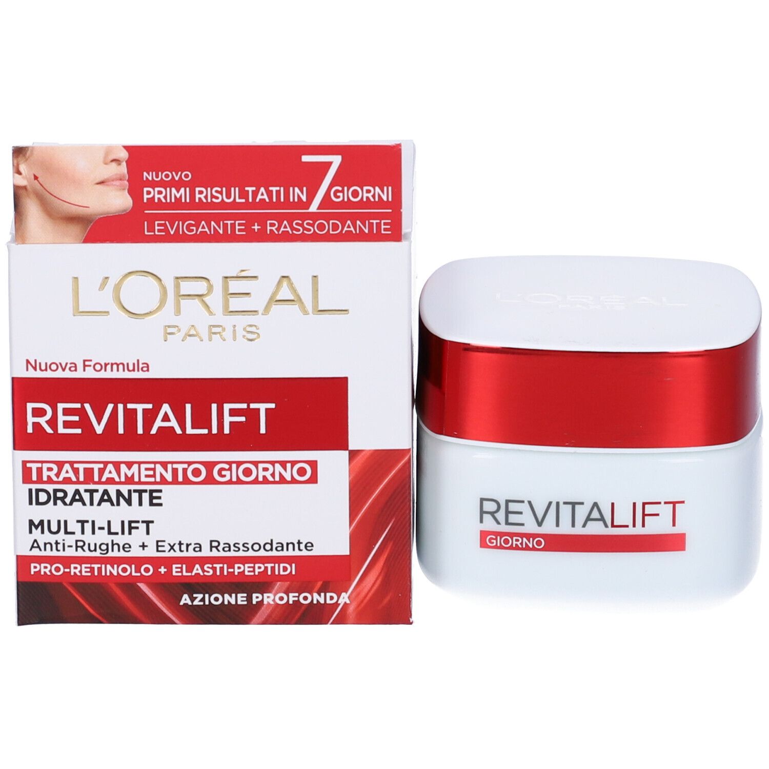 Confezione del prodotto con vasetto e scatola. Scritta: REVITALIFT GIORNO. Marchio: L'Oréal Paris. Testo: Trattamento giorno idratante.