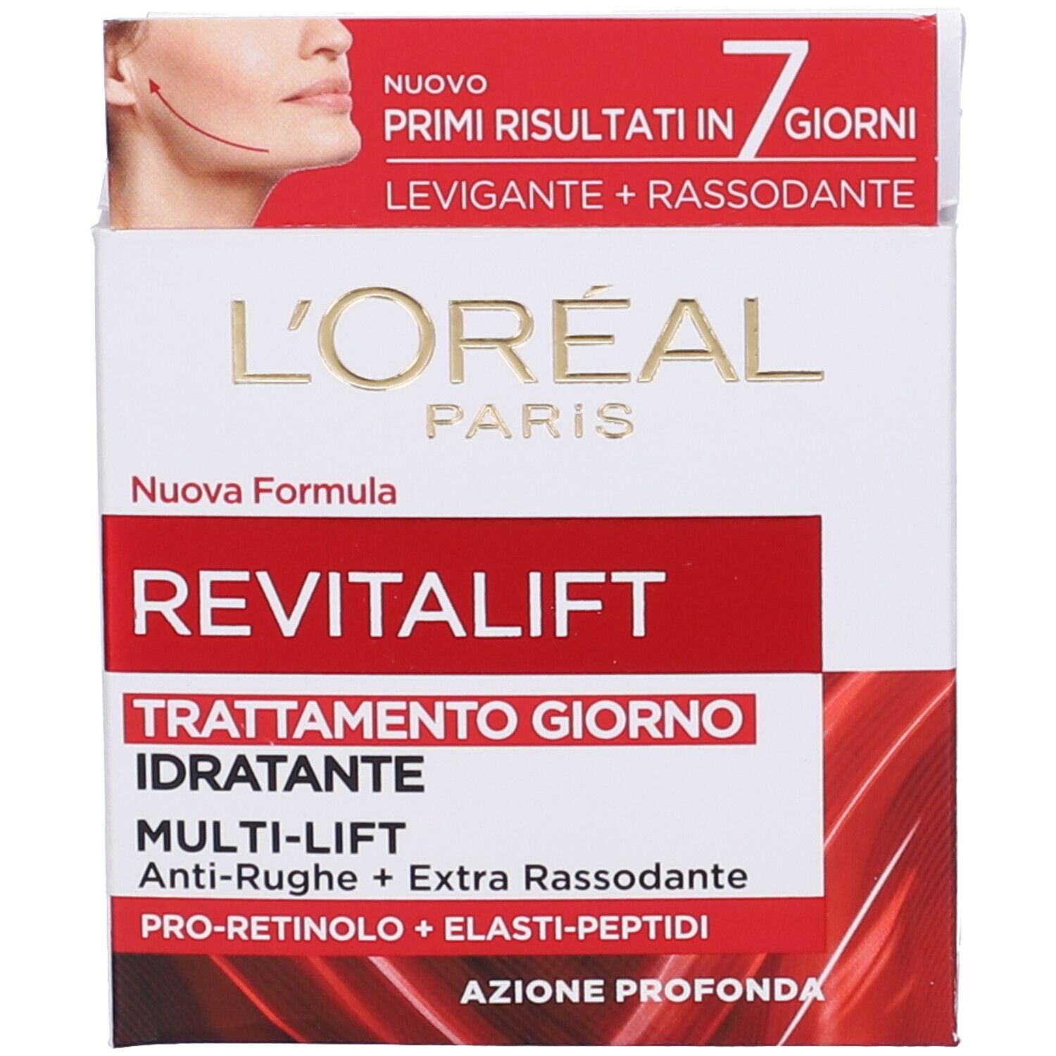 Confezione del prodotto con scatola. Scritta: REVITALIFT GIORNO. Marchio: L'Oréal Paris. Testo: Trattamento giorno idratante.