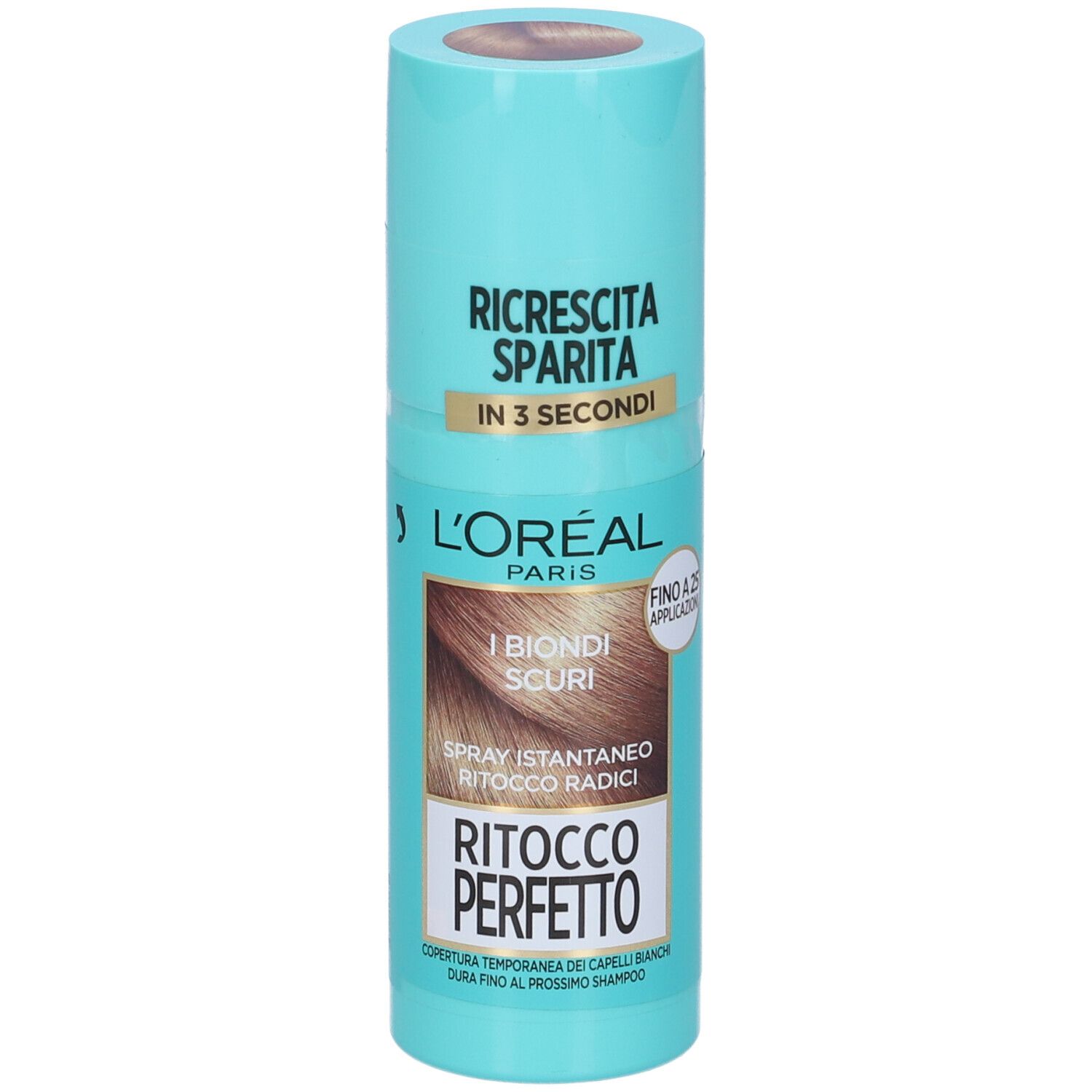 Flacone spray turchese. Scritto: L'Oréal Paris, Ritocco Perfetto, Biondo Scuro. Coperchio color capelli. Testo: Ricrescita Sparita in 3 secondi.