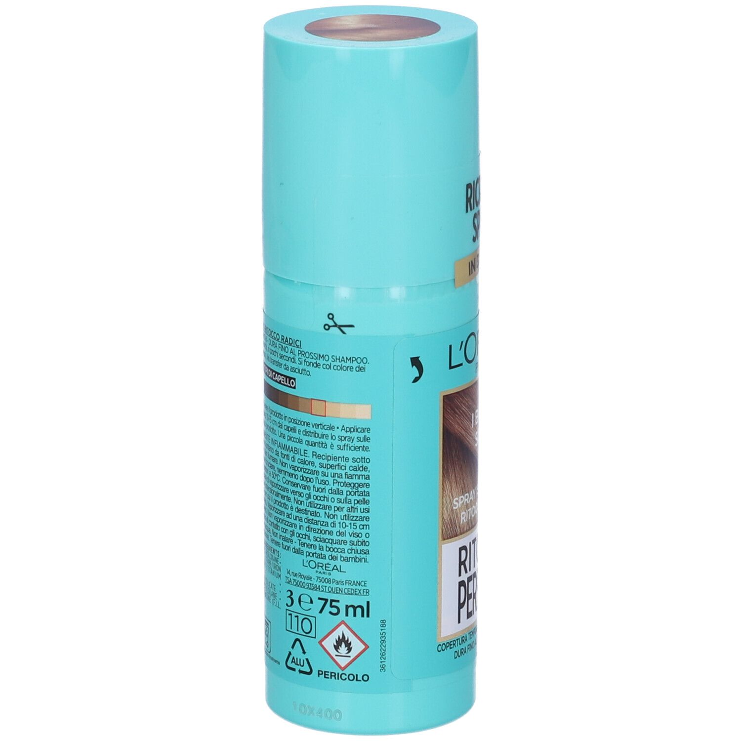 Flacone spray turchese. Retro con testo e tavolozza colori. Scritto: L'Oréal Paris, Ritocco Perfetto. Contiene 75 ml. Avvertenza.