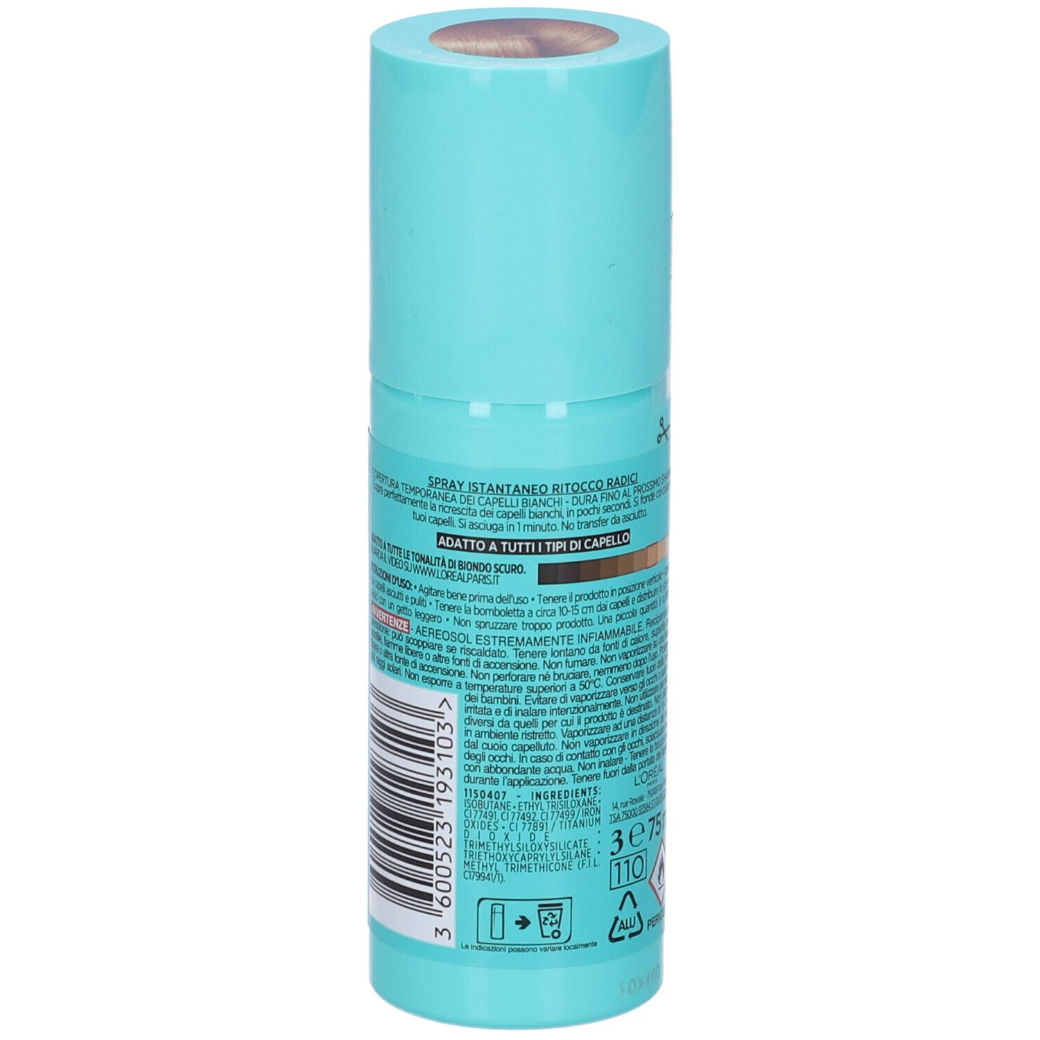 Flacone spray turchese. Retro con testo e tavolozza colori. Scritto: L'Oréal Paris, Ritocco Perfetto. Contiene 75 ml. Avvertenza.