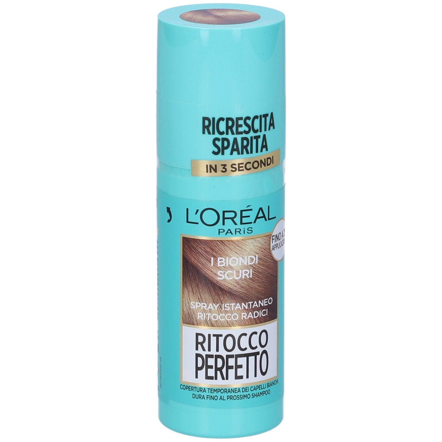 Flacone spray turchese. Scritto: L'Oréal Paris, Ritocco Perfetto, Biondo Scuro. Coperchio color capelli. Testo: Ricrescita Sparita in 3 secondi.