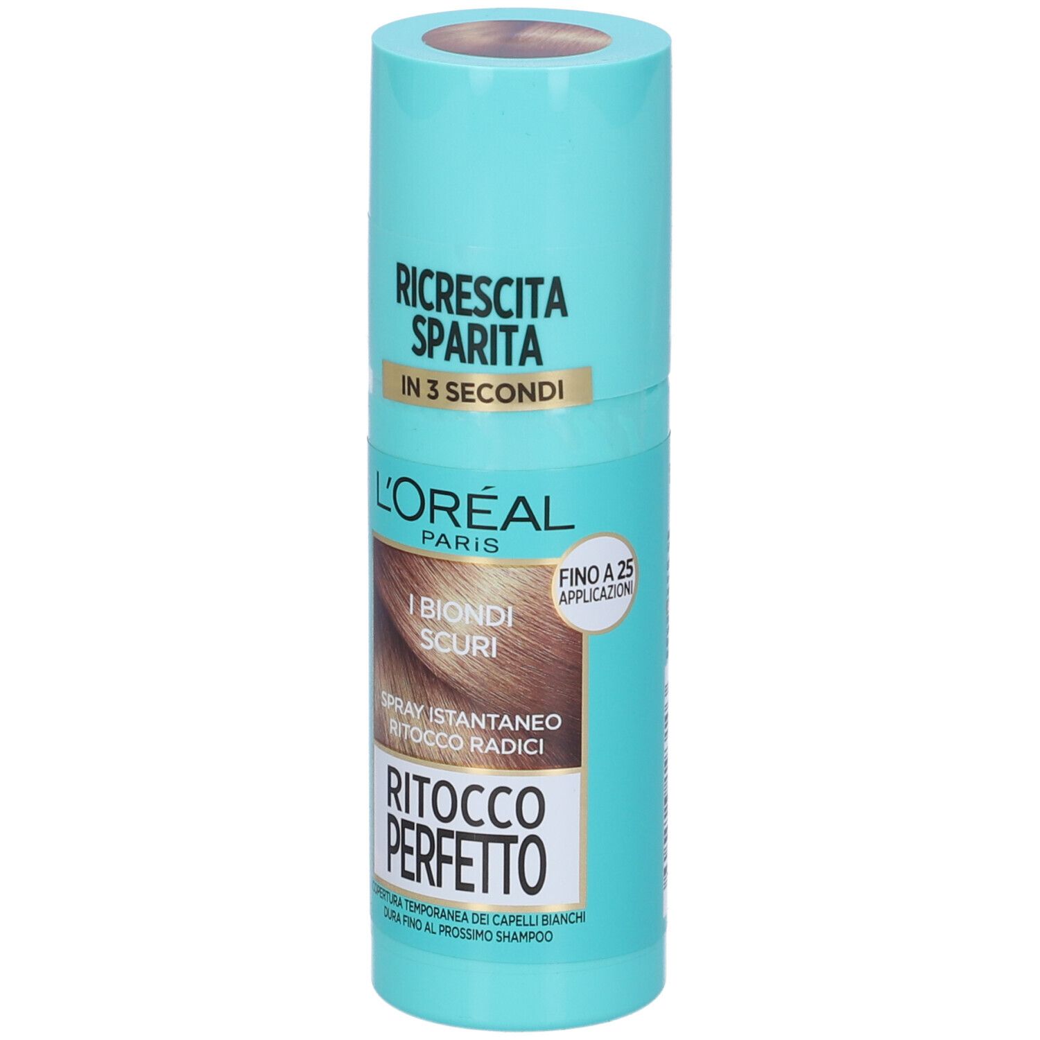 Flacone spray turchese. Scritto: L'Oréal Paris, Ritocco Perfetto, Biondo Scuro. Coperchio color capelli. Testo: Ricrescita Sparita in 3 secondi. Fino a 25 applicazioni.