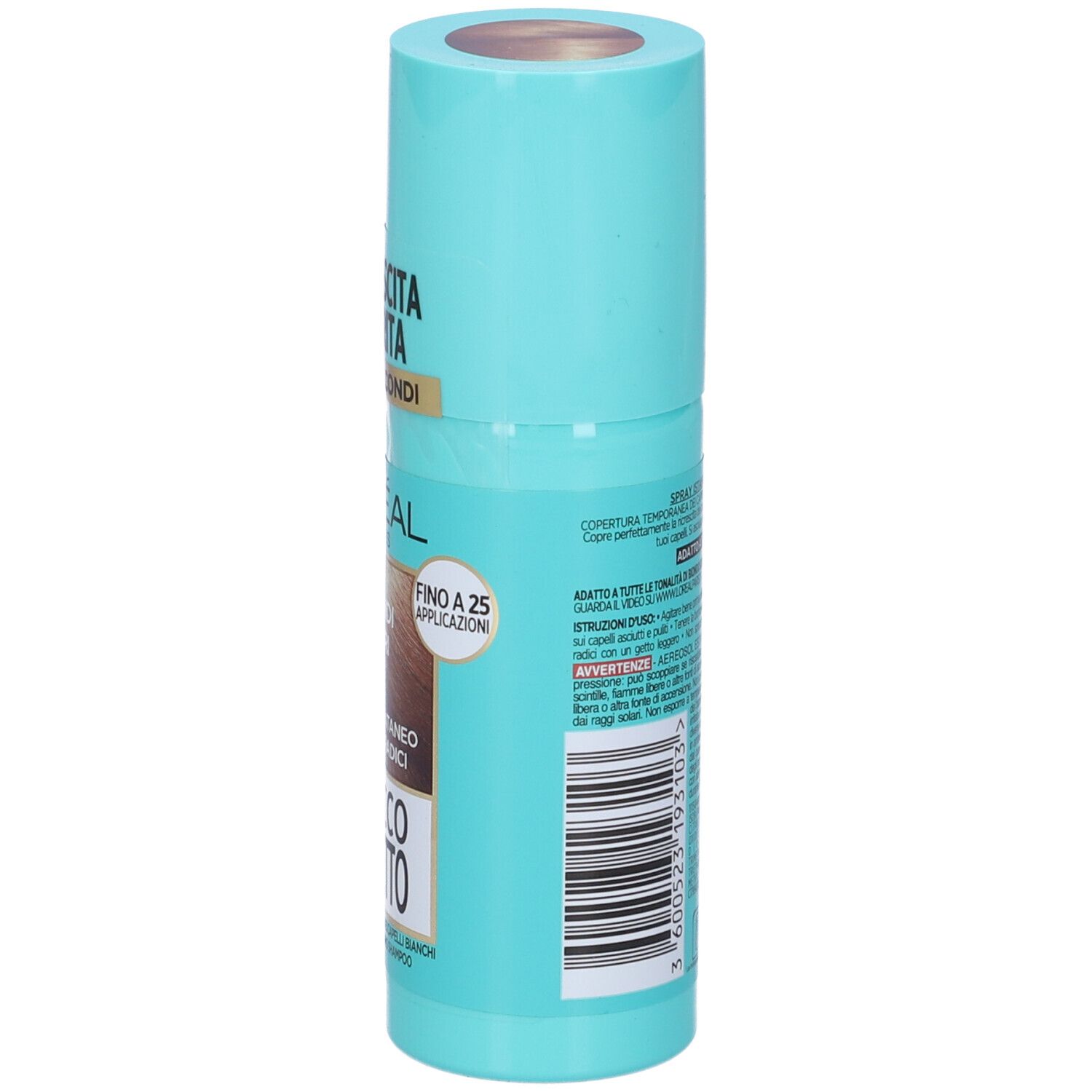 Flacone spray turchese. Scritto: L'Oréal Paris, Ritocco Perfetto. Coperchio color capelli. Testo: Fino a 25 applicazioni. Codice a barre.