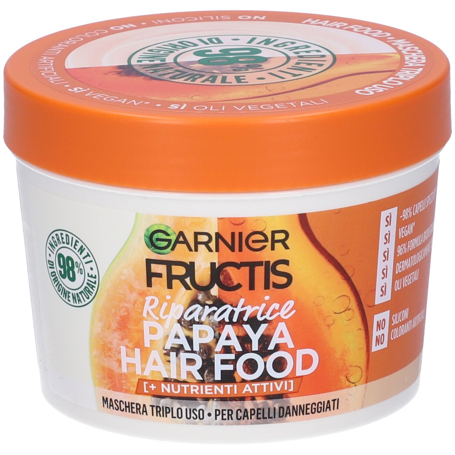 Image of Garnier Maschera Riparatrice Fructis Hair Food, Maschera riparatrice 3in1 con formula vegana per capelli danneggiati, Papaya, 390 ml