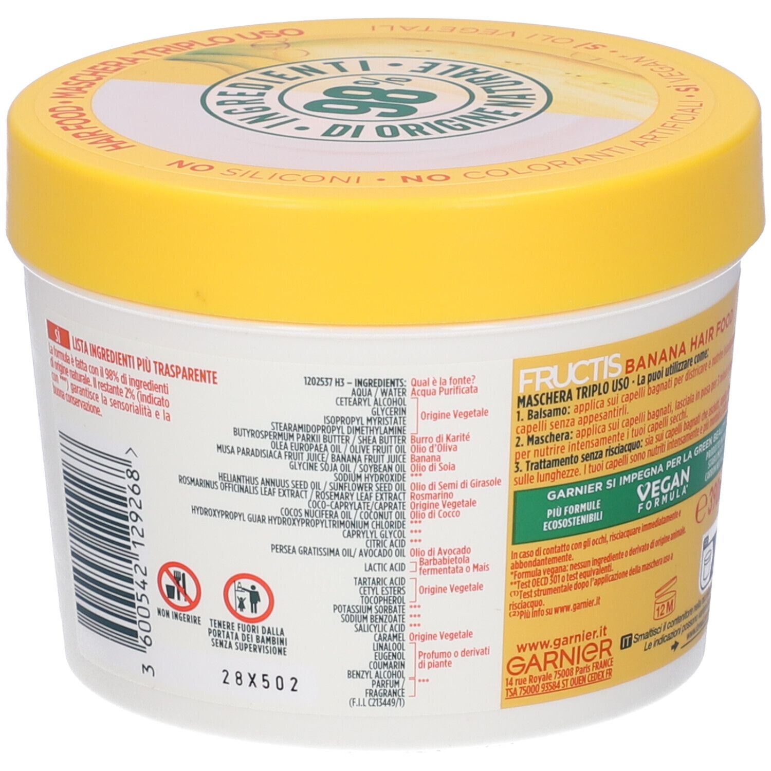 Barattolo con coperchio giallo. Scritta: Garnier Fructis. Ingredienti. Formula vegana. 28x502.