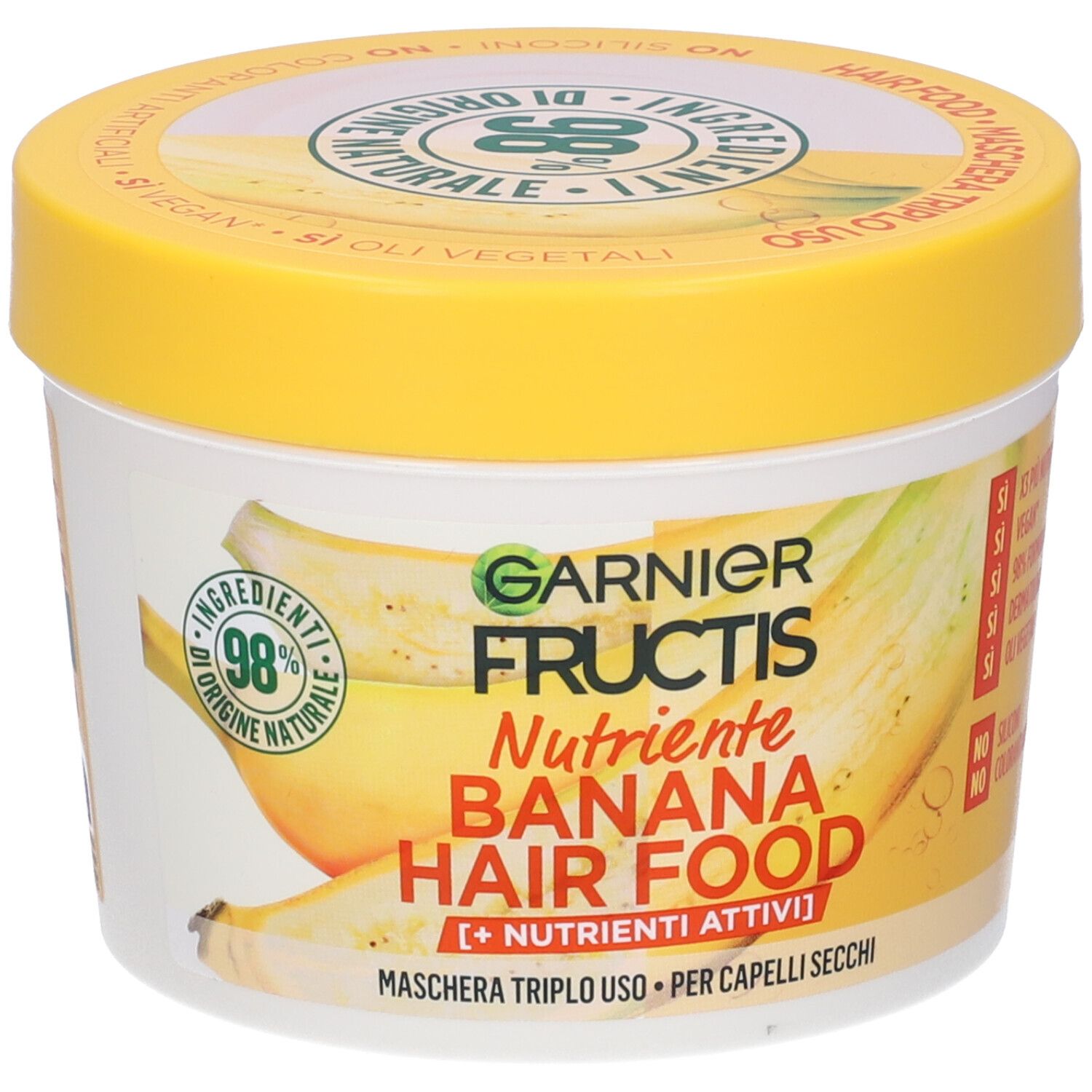 Barattolo con coperchio giallo. Scritta: Garnier Fructis Banana Hair Food. 98% ingredienti di origine naturale.