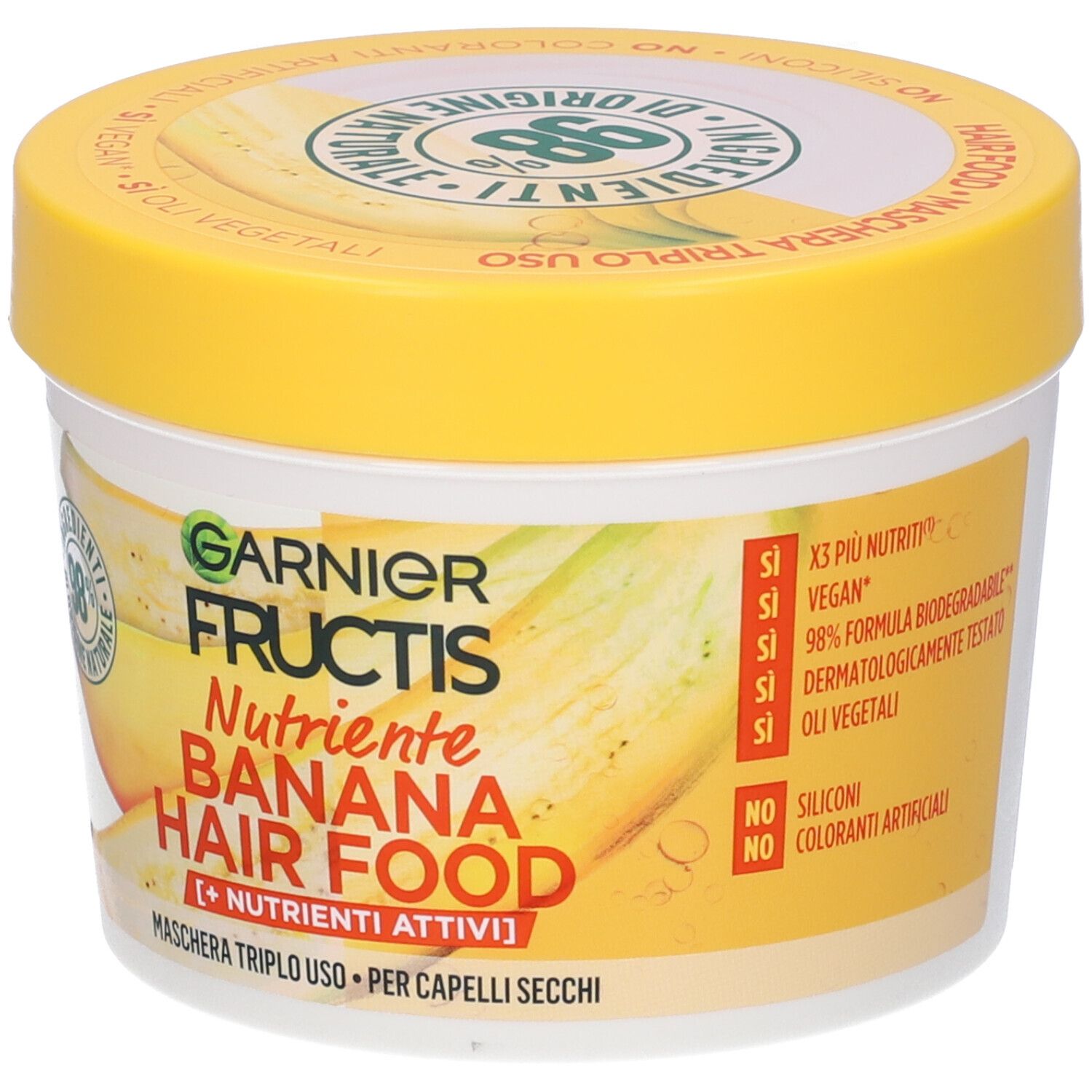 Barattolo con coperchio giallo. Scritta: Garnier Fructis Banana Hair Food. Vegano. 98% biodegradabile.