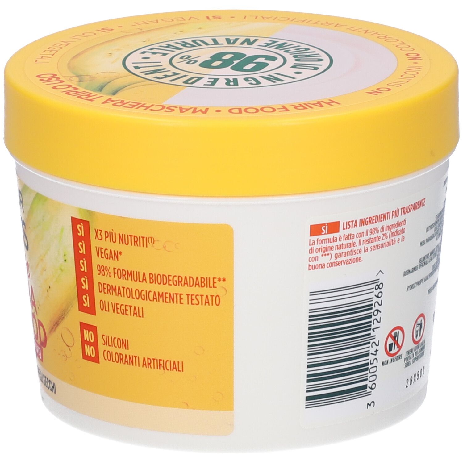 Barattolo con coperchio giallo. Scritta: Garnier Fructis. Vegano. 98% biodegradabile. Ingredienti.