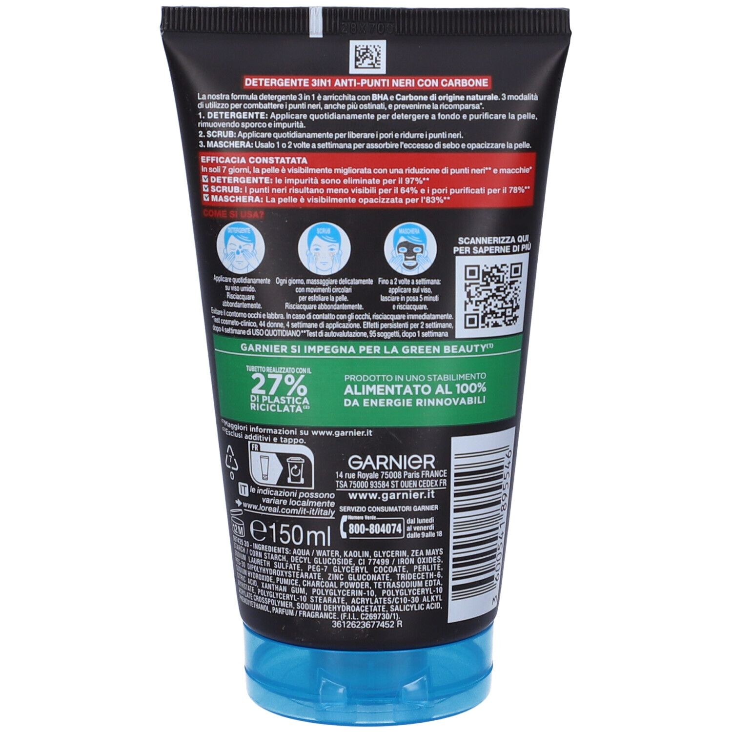 Retro del tubo Garnier PureActive 3in1 Carbon. Testo: 27% plastica riciclata, 100% energia rinnovabile.