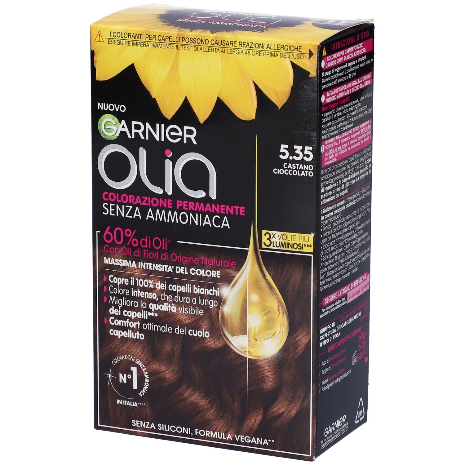 Garnier Olia, tinta per capelli Castano Cioccolato (5.35). Confezione nera con immagine e testo. Contiene il 60% di oli.