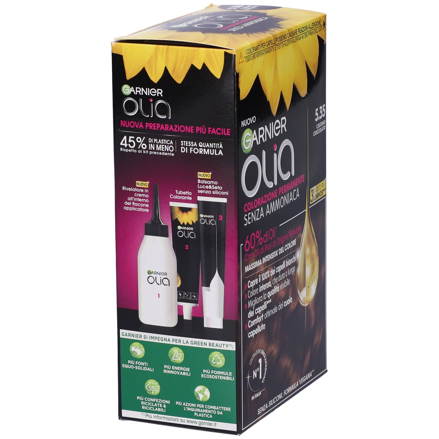 Garnier Olia, tinta per capelli. Confezione con immagini e testo. Contiene flacone applicatore e tubo di crema.