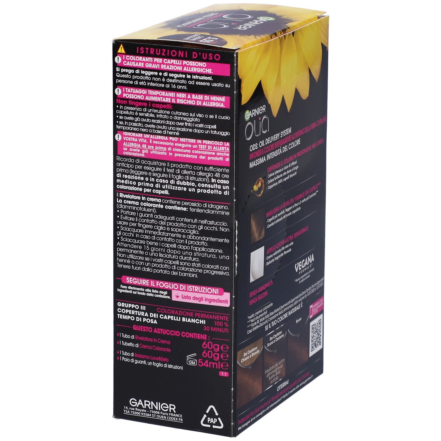 Garnier Olia, tinta per capelli. Confezione con testo e istruzioni. Contiene istruzioni per l'uso.
