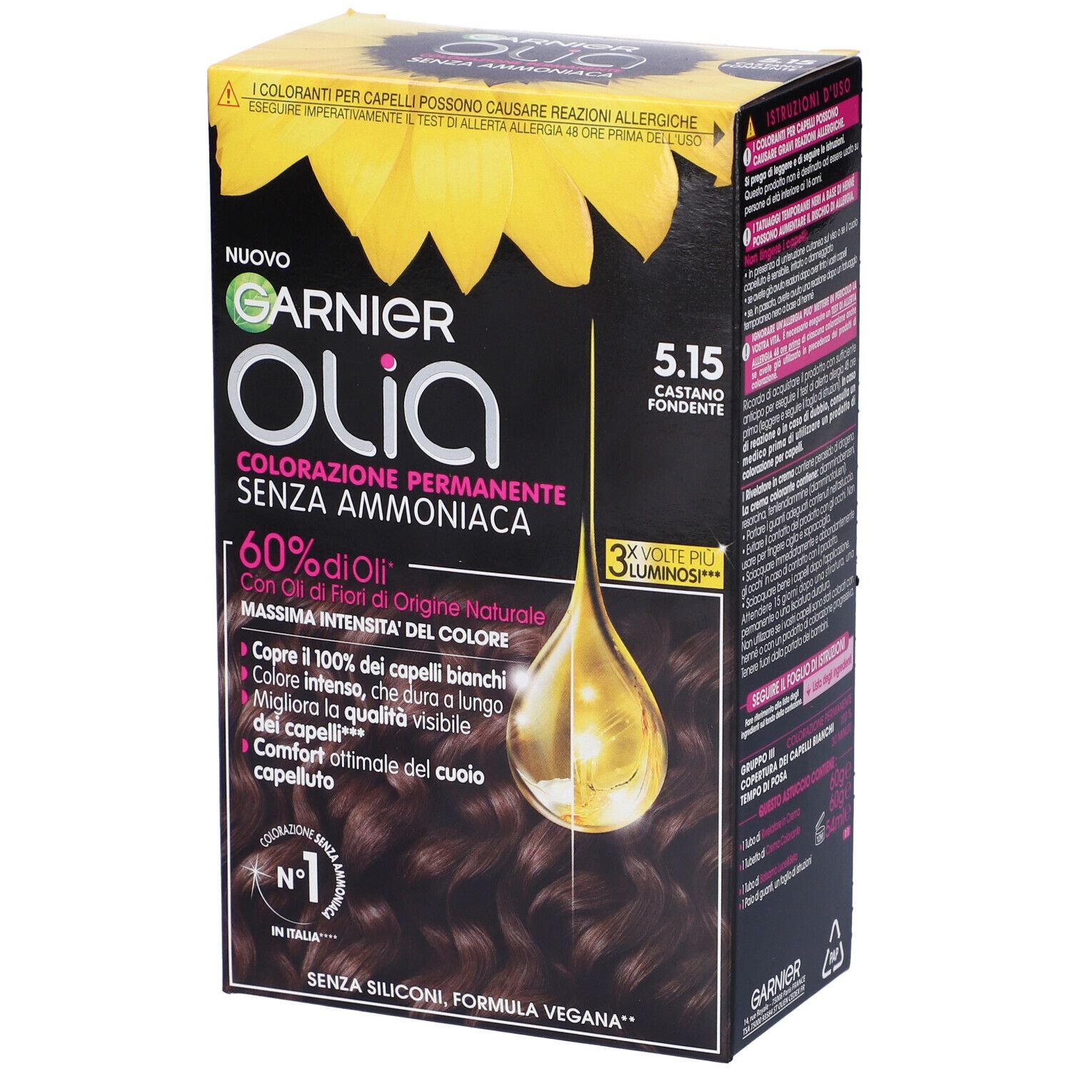 Garnier Olia, colorazione permanente 5.15 Castano Fondente. Confezione con immagine e testo. Contiene 60% di oli e copre i capelli bianchi.