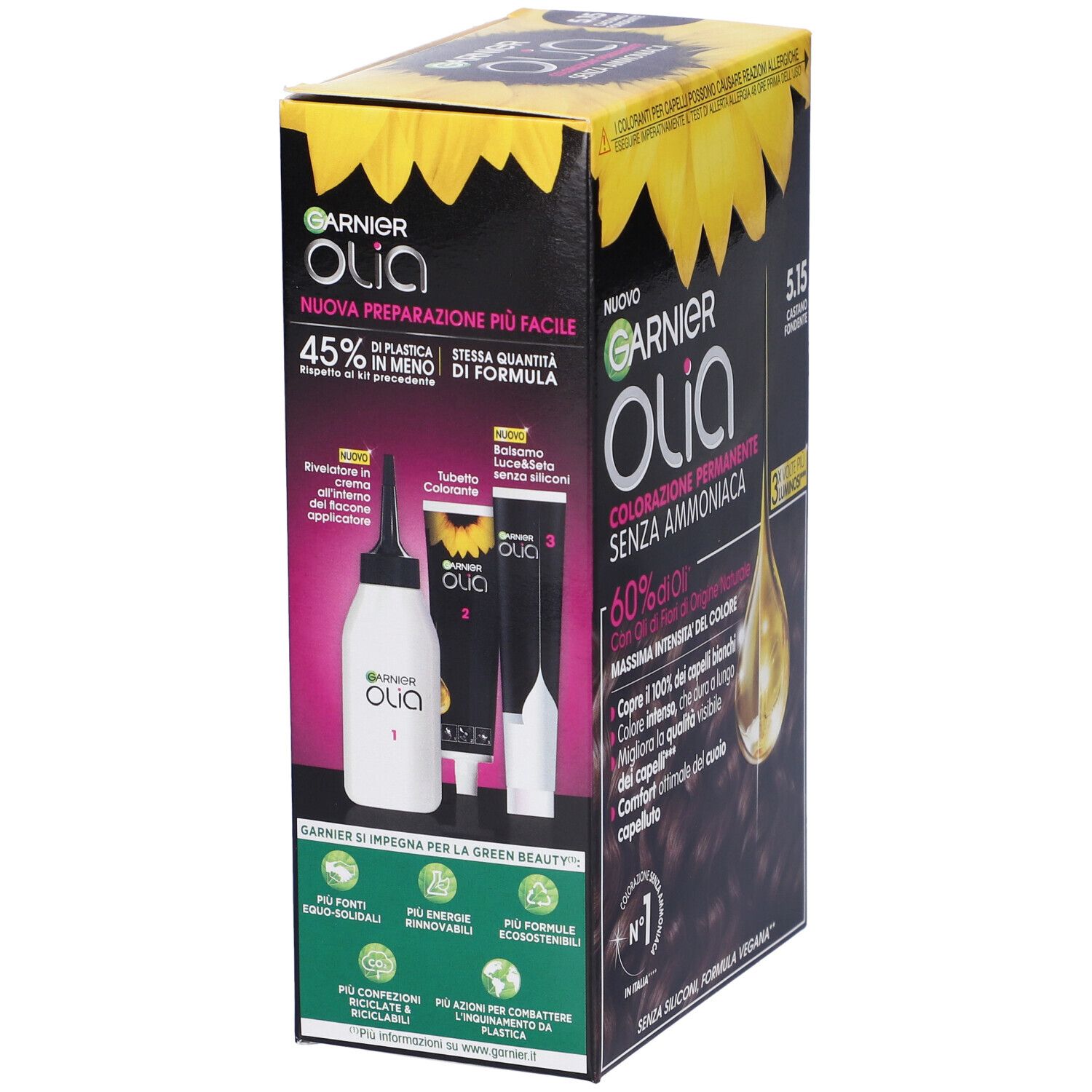 Garnier Olia, colorazione 5.15 Castano Fondente. Confezione con prodotto e ingredienti. Contiene flacone applicatore, tubo e istruzioni.