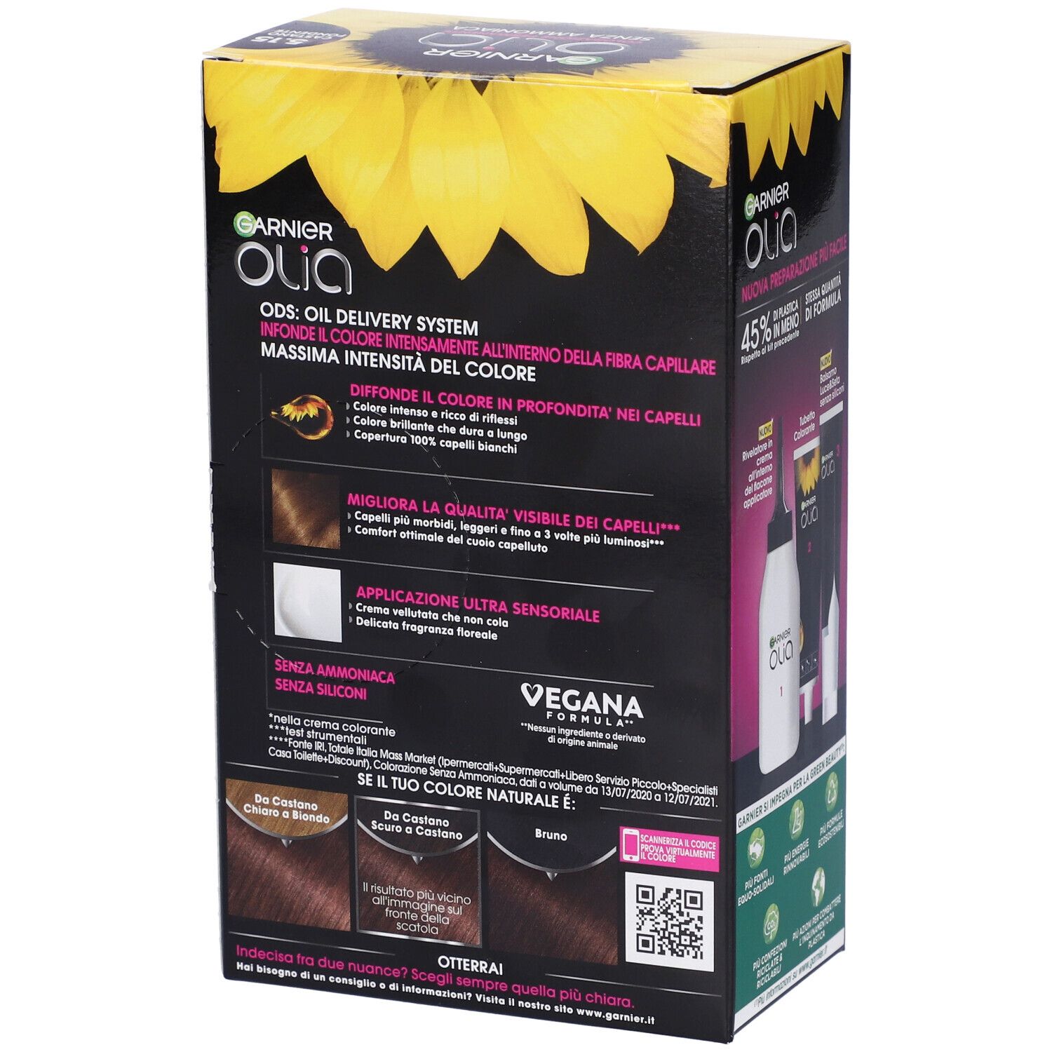 Retro della confezione Garnier Olia. Contiene informazioni su ingredienti, uso e risultati colore. Formula vegana.