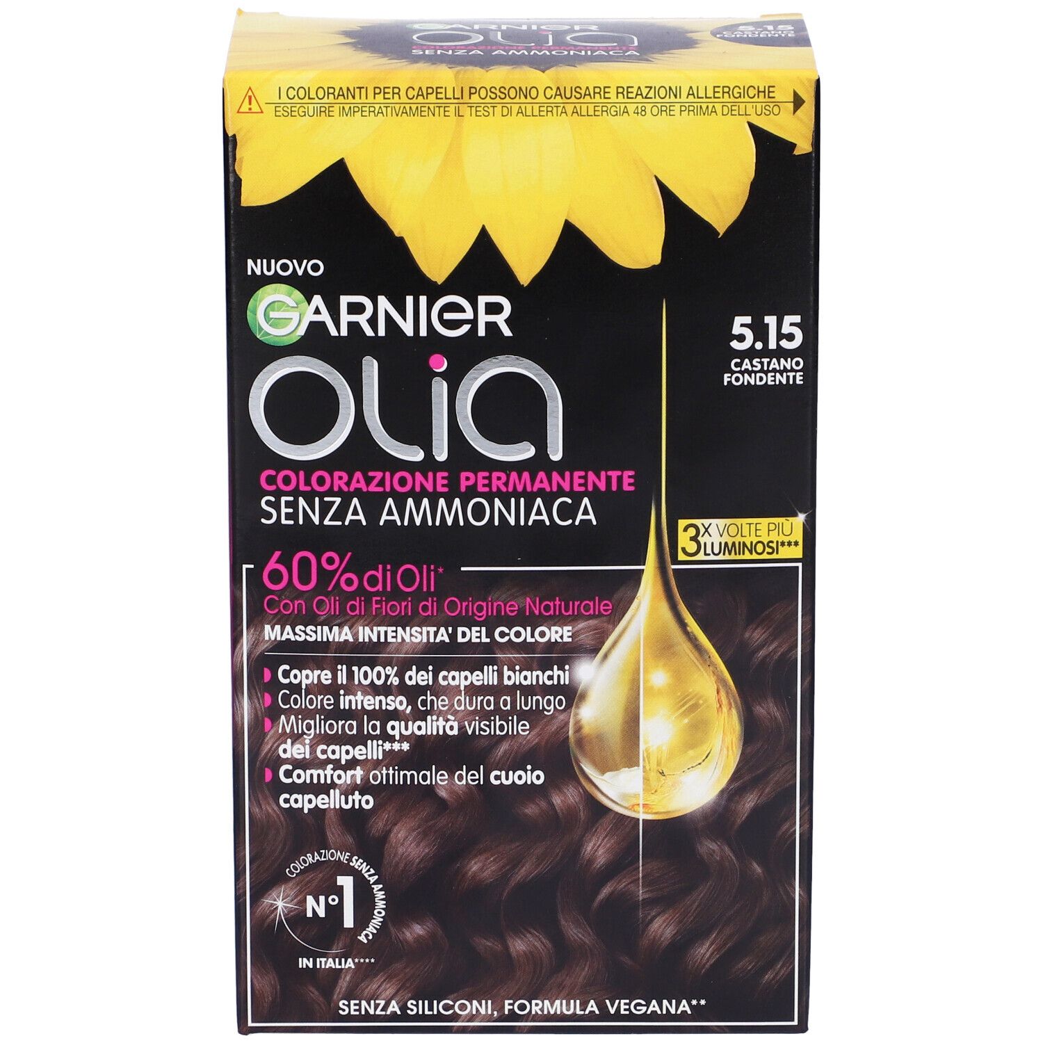 Garnier Olia, colorazione permanente 5.15 Castano Fondente. Confezione con immagine e testo. Contiene 60% di oli e copre i capelli bianchi.