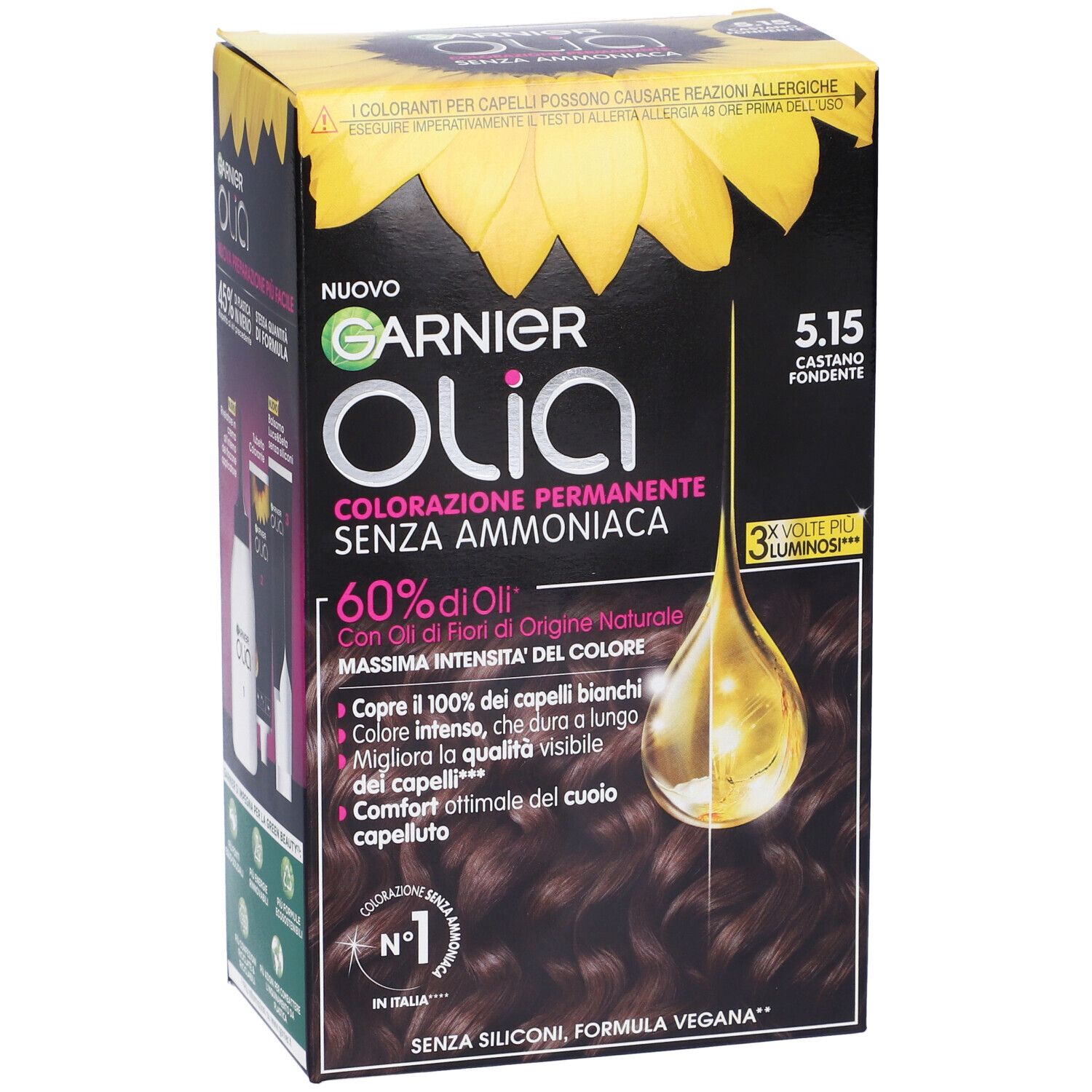 Garnier Olia, colorazione permanente 5.15 Castano Fondente. Confezione con immagine e testo. Contiene 60% di oli e copre i capelli bianchi.