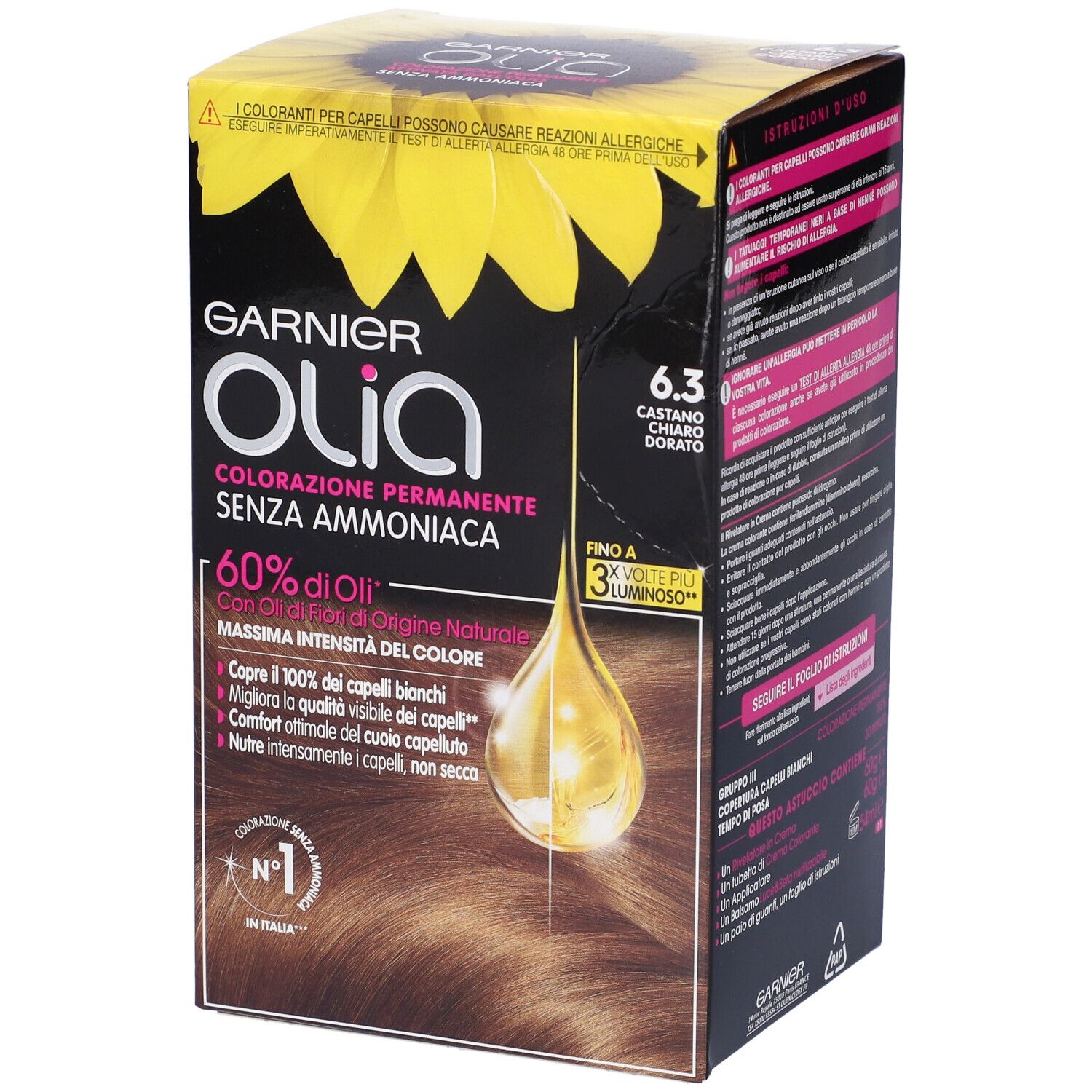 Confezione Garnier Olia 6.3 Castano Chiaro Dorato. Colorazione permanente senza ammoniaca, con 60% di oli. Copre il 100% dei capelli bianchi.