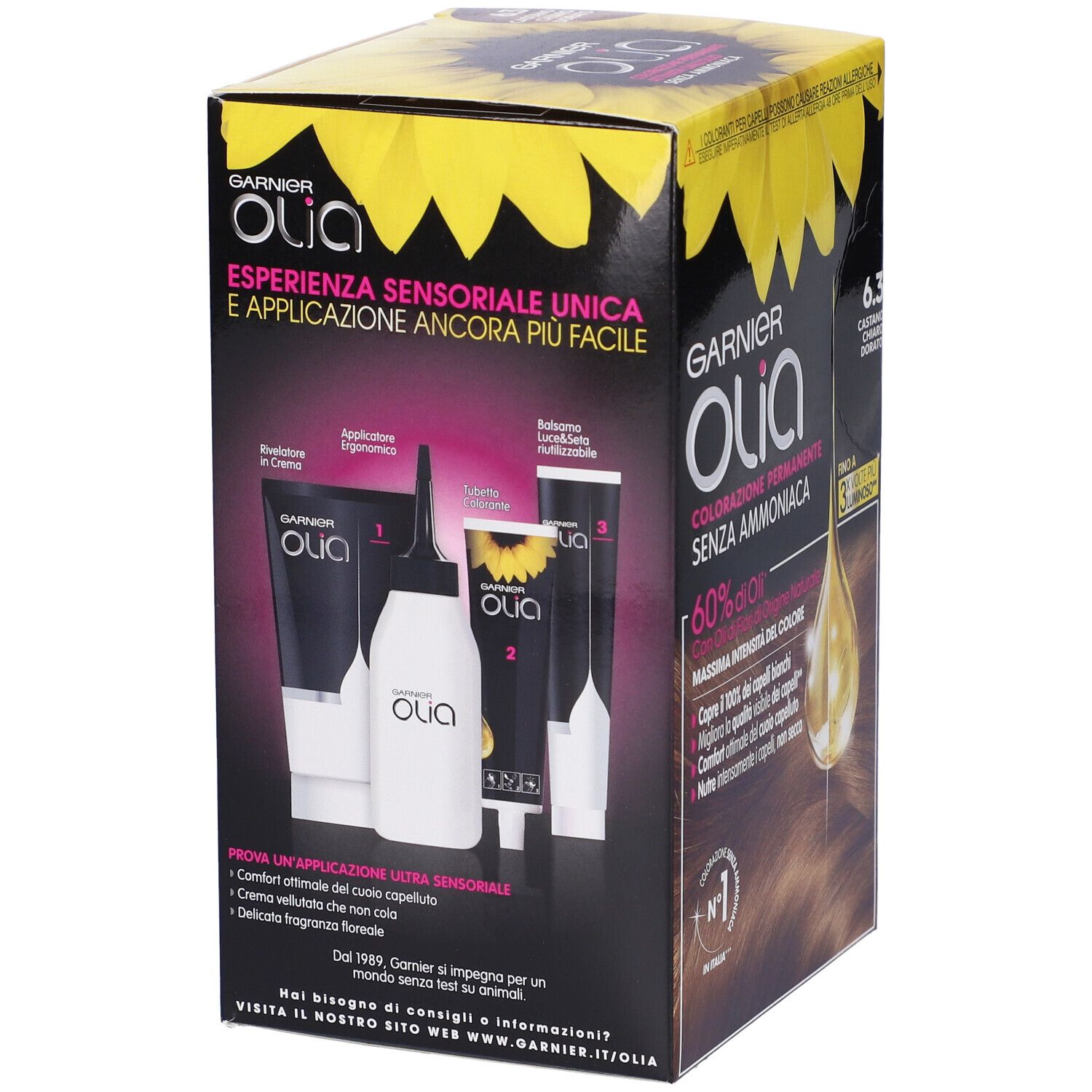 Confezione Garnier Olia. Contiene applicatore, crema rivelatrice e balsamo. Colorazione senza ammoniaca, con 60% di oli.
