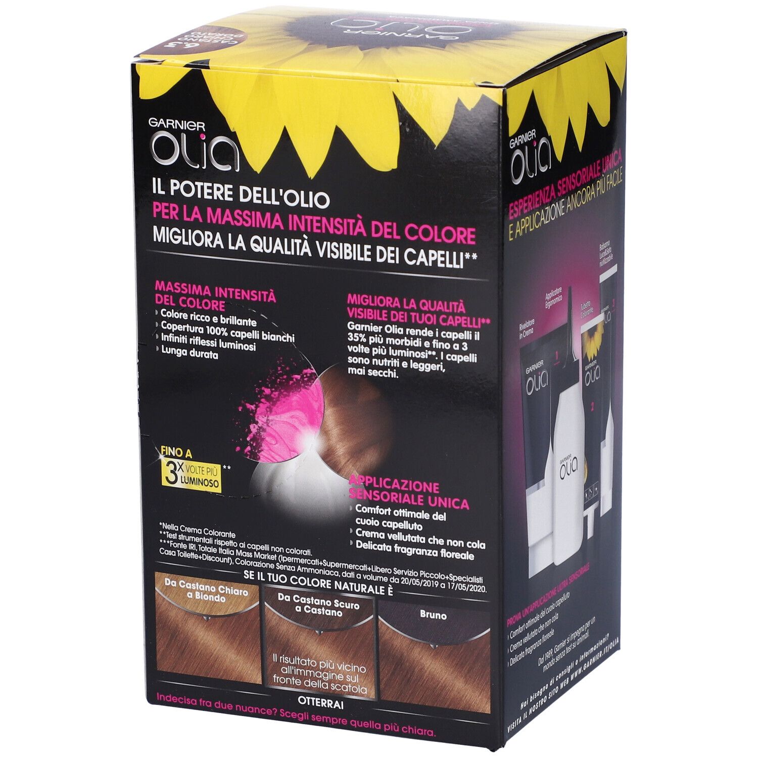 Confezione Garnier Olia. Mostra i risultati colore. Senza ammoniaca, con 60% di oli. Per la massima intensità del colore.