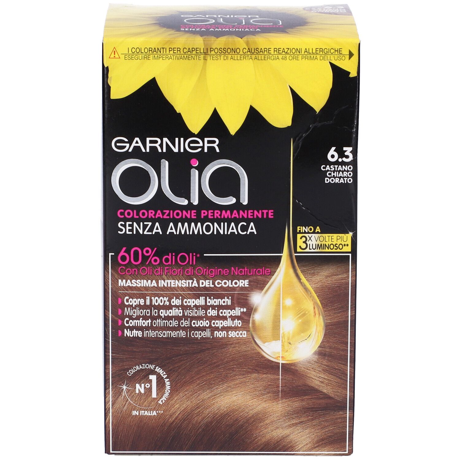Confezione Garnier Olia 6.3 Castano Chiaro Dorato. Senza ammoniaca, con 60% di oli. Copre il 100% dei capelli bianchi.