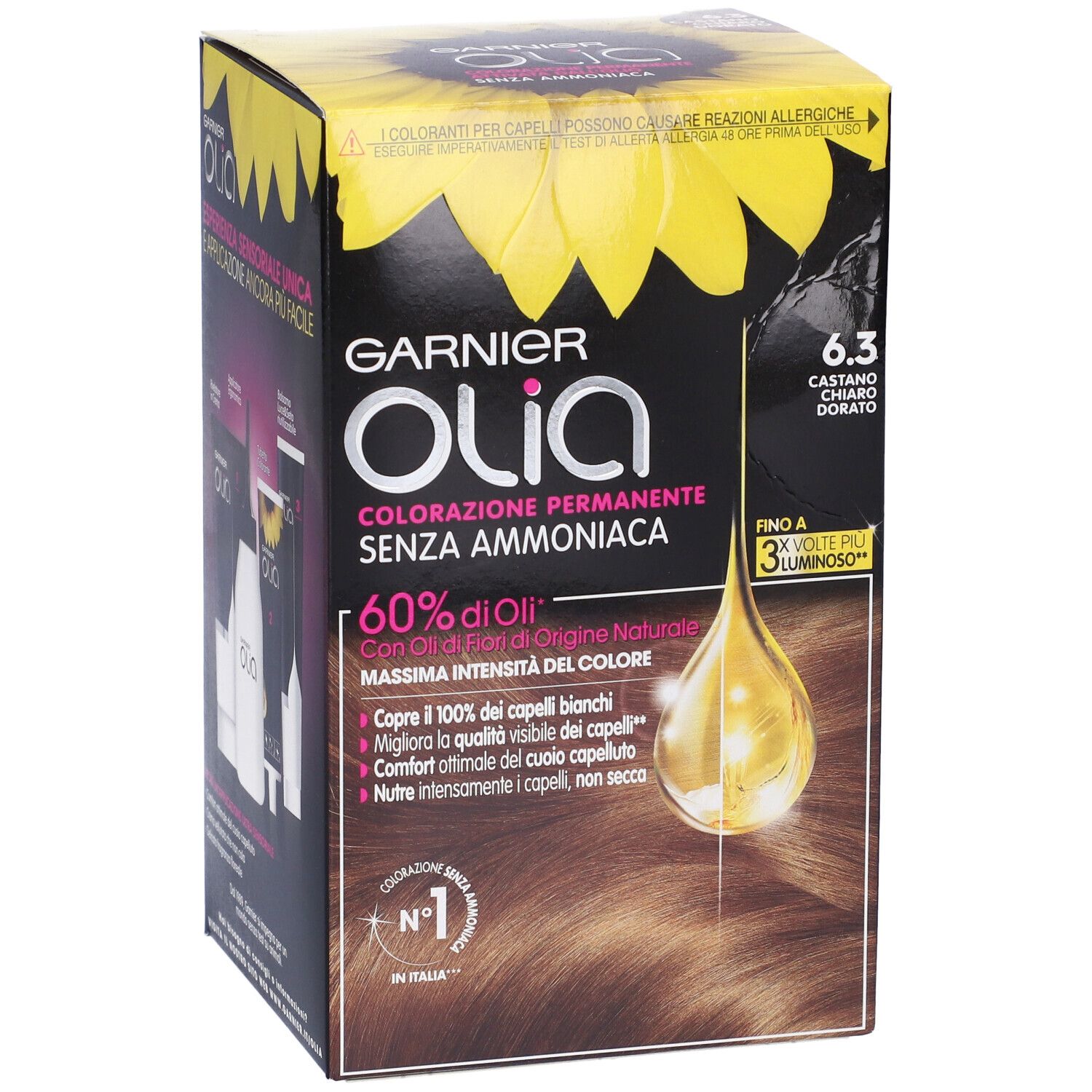 Confezione Garnier Olia 6.3 Castano Chiaro Dorato. Senza ammoniaca, con 60% di oli. Copre il 100% dei capelli bianchi.