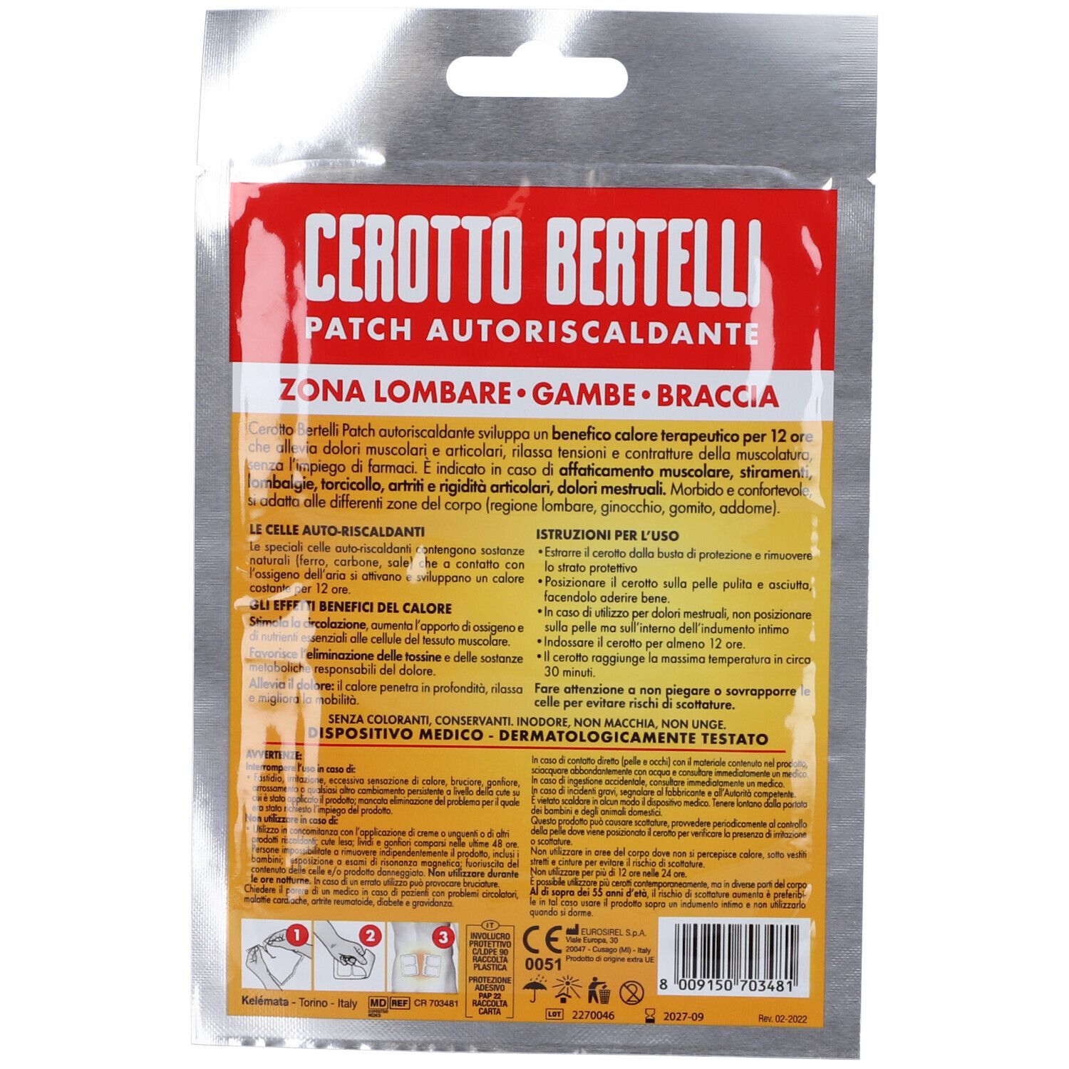 Rückseite der Cerotto Bertelli Patch-Verpackung. Textinformationen, Gebrauchsanweisung und CE-Kennzeichnung.