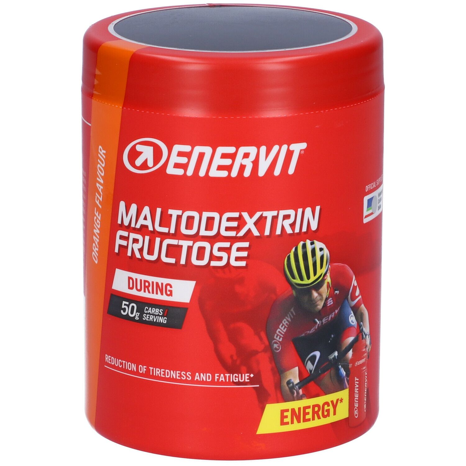 Rote Dose ENERVIT Maltodextrin Fructose. Aufdruck: Orange Flavour, 50g Kohlenhydrate pro Portion, Energie. Mit Radfahrer.