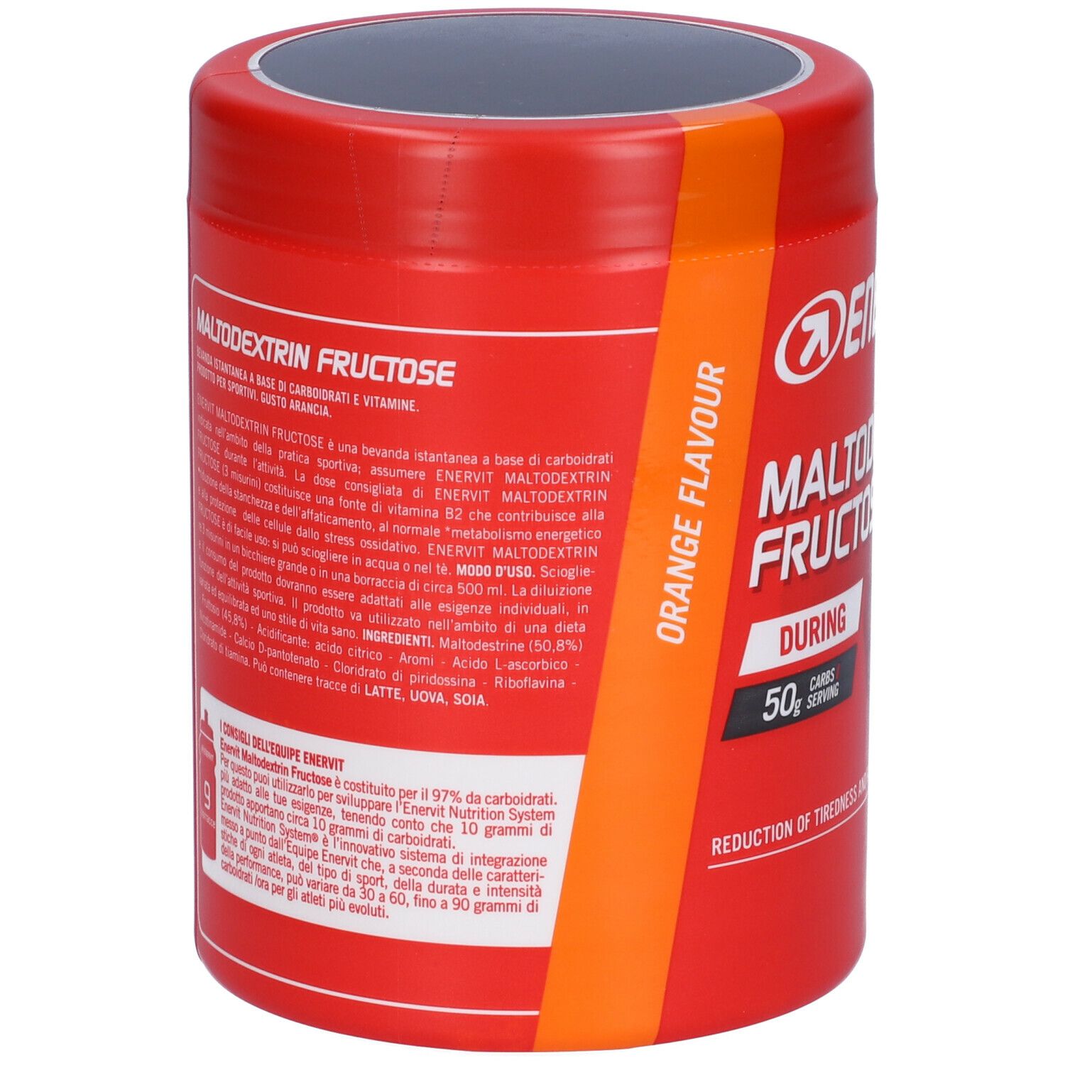 Rote Dose ENERVIT Maltodextrin Fructose. Aufdruck: Orange Flavour, 50g Kohlenhydrate pro Portion. Text und Inhaltsangaben.