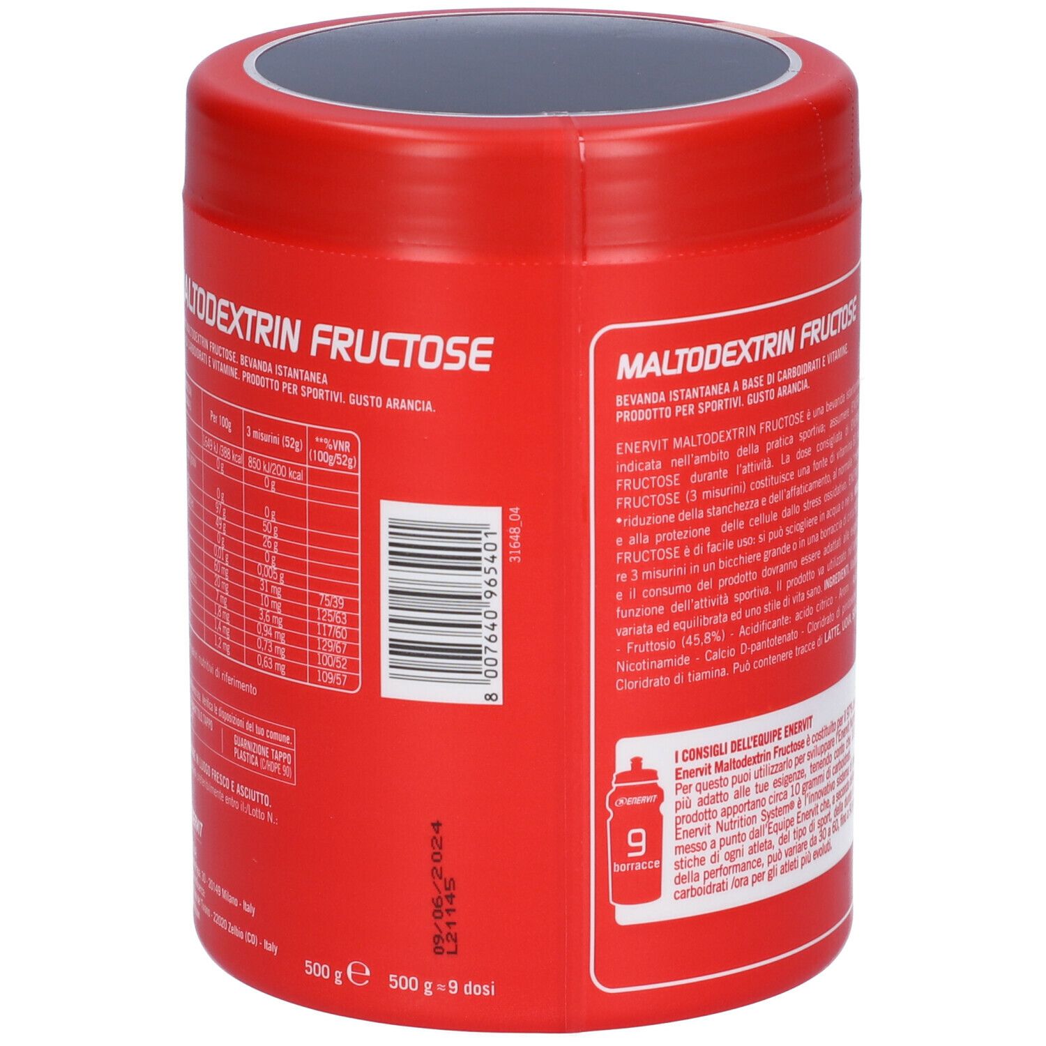 Rote Dose ENERVIT Maltodextrin Fructose. Rückseite mit Text und Nährwertangaben. Orange Flavour.